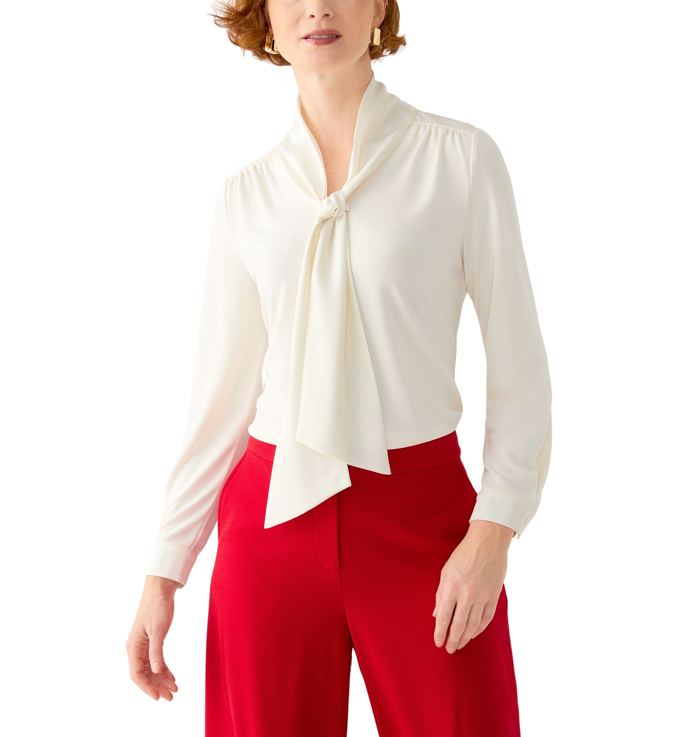 Petite Long Sleeve Mixed Media Tie Front Blouse