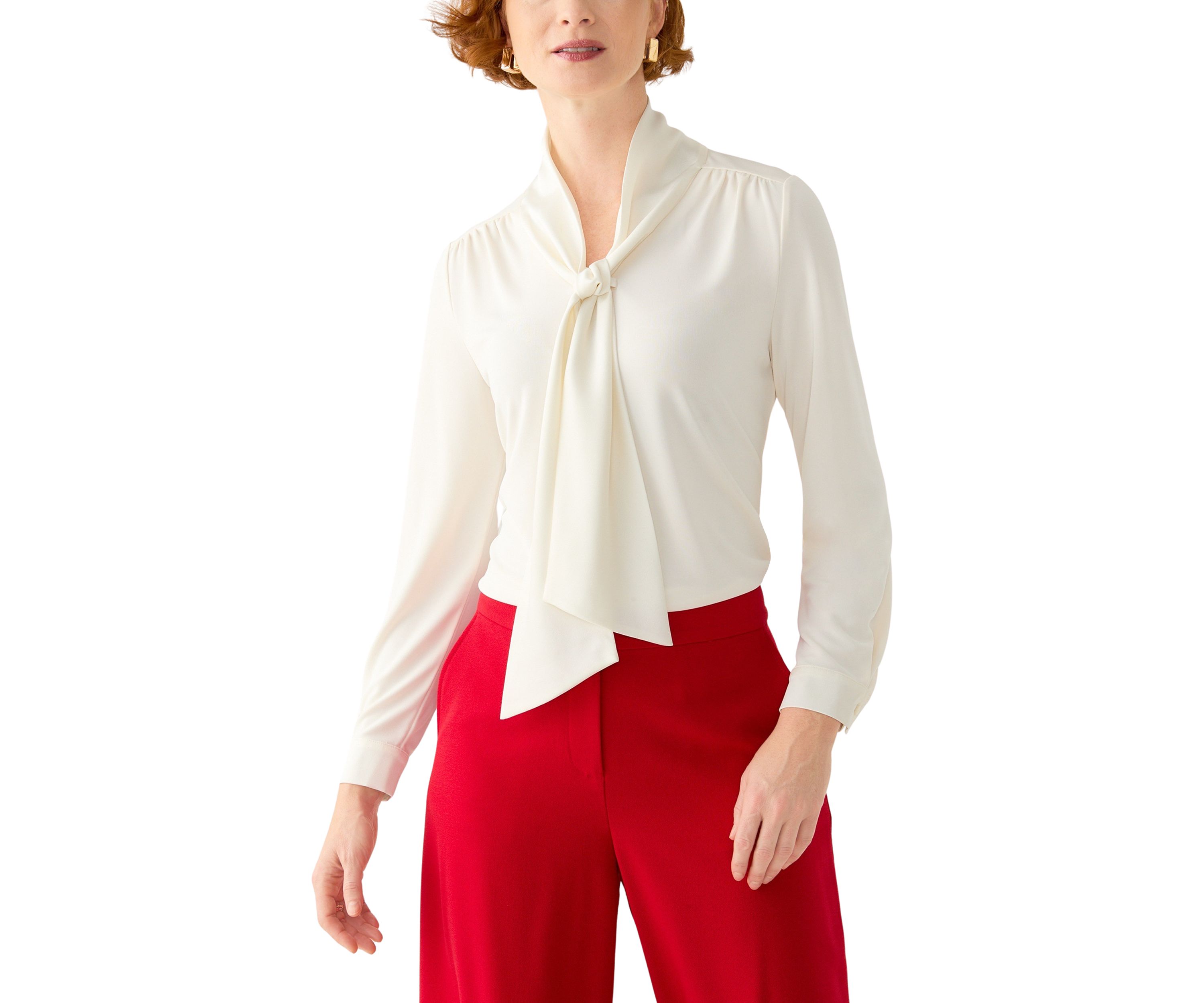 Petite Long Sleeve Mixed Media Tie Front Blouse