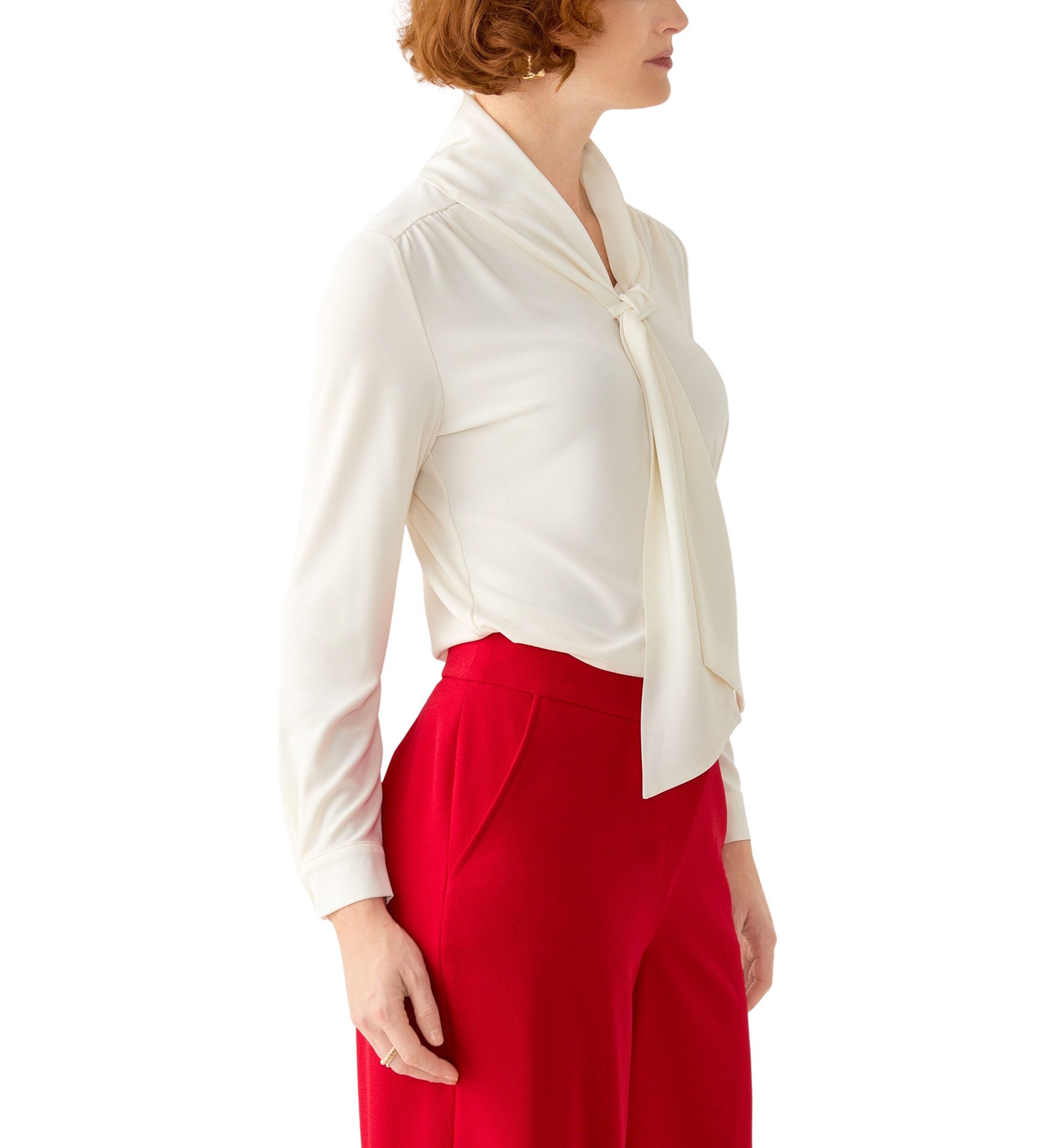 Petite Long Sleeve Mixed Media Tie Front Blouse