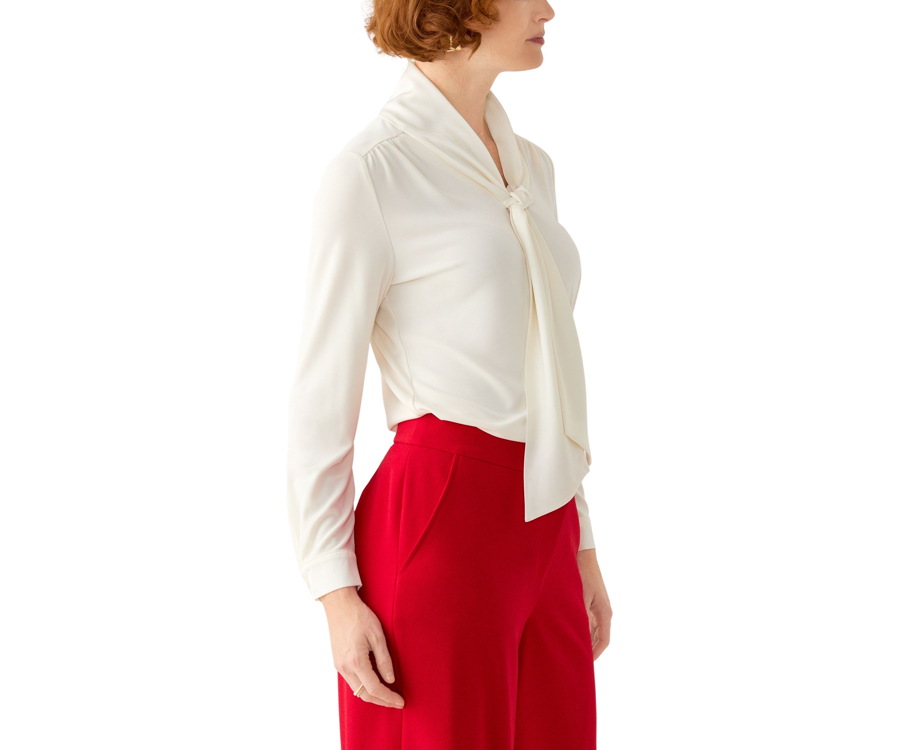 Petite Long Sleeve Mixed Media Tie Front Blouse