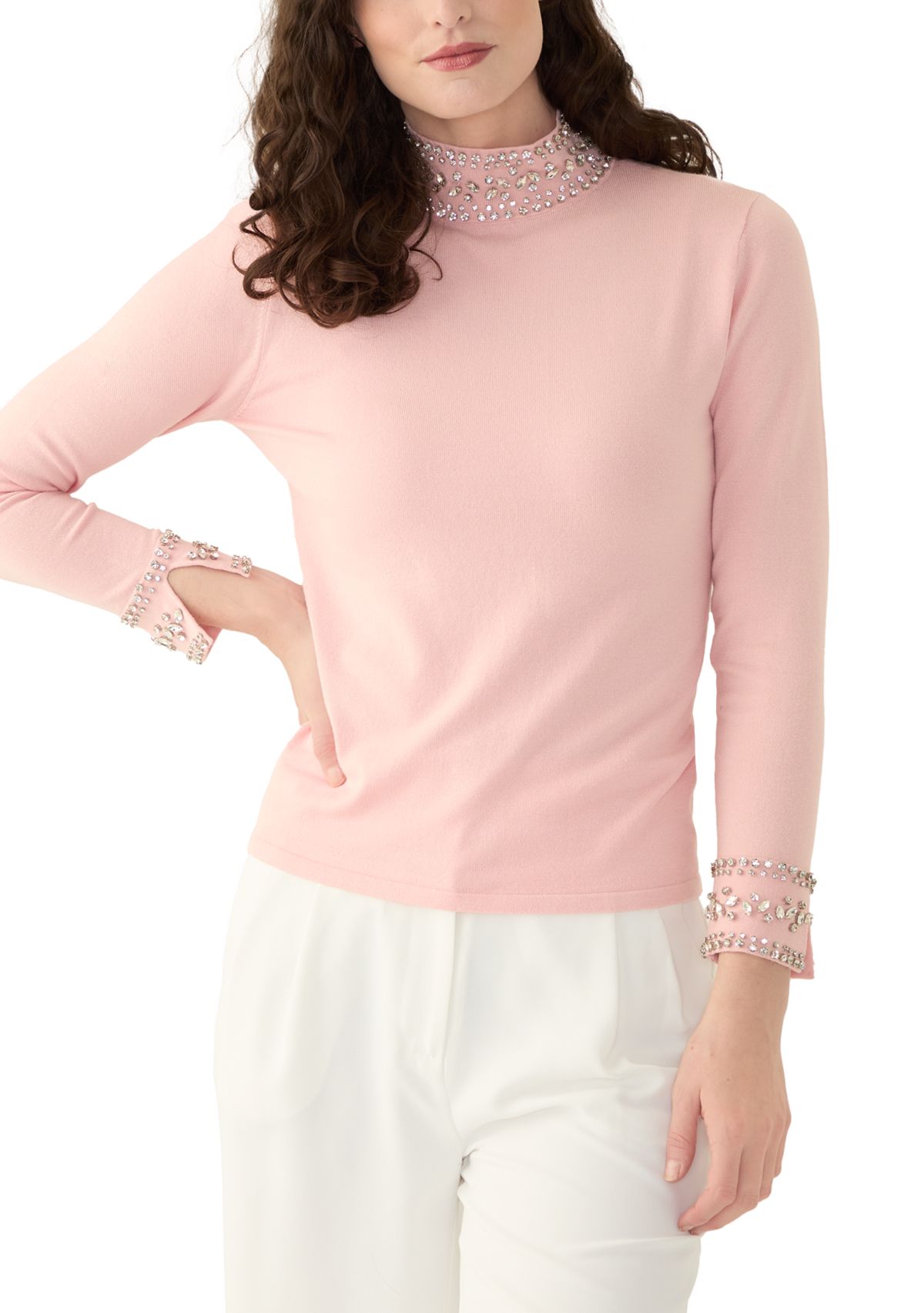 Womens Long Sleeve Mock Neck Embroidered Sweater 