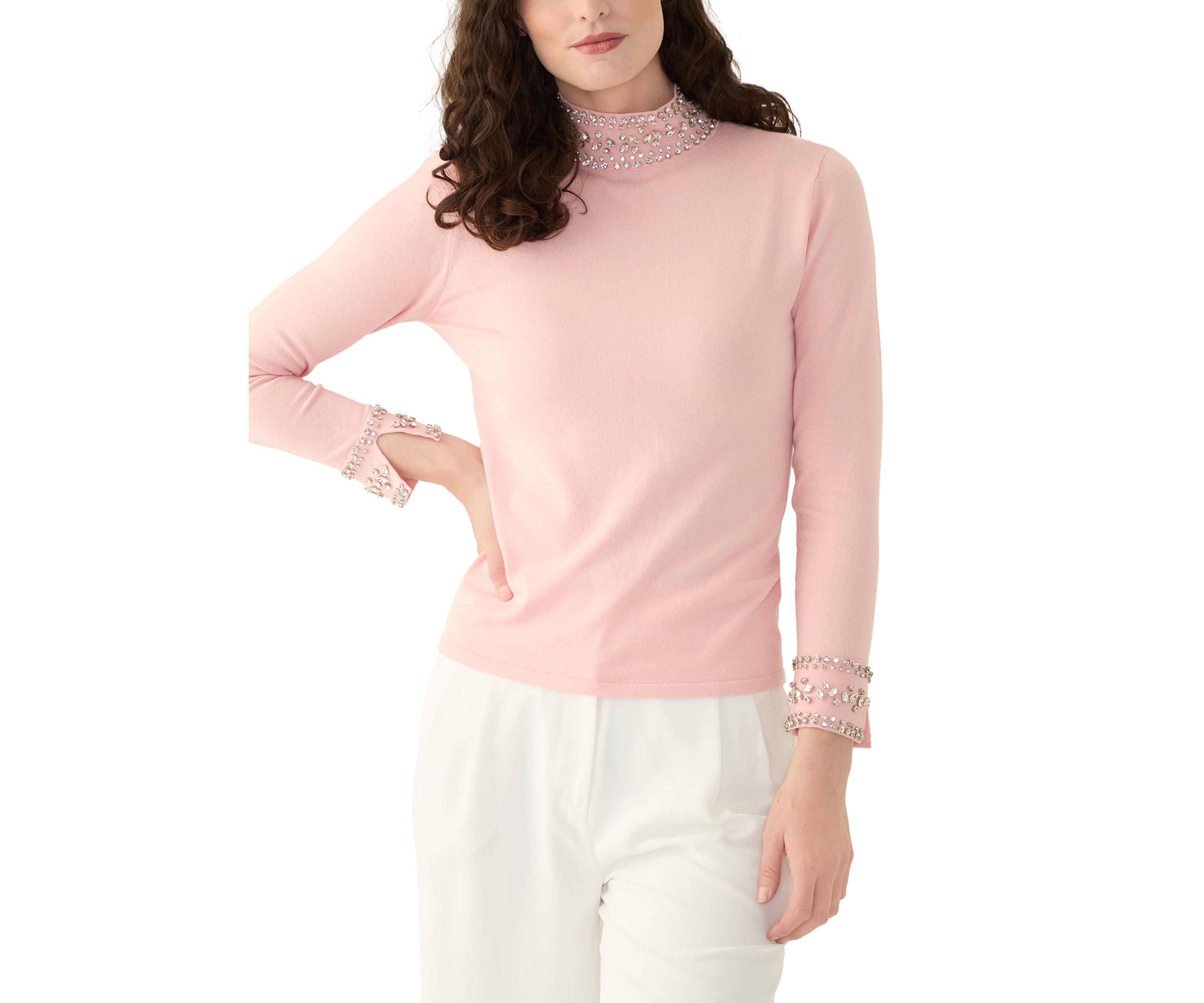 Womens Long Sleeve Mock Neck Embroidered Sweater 