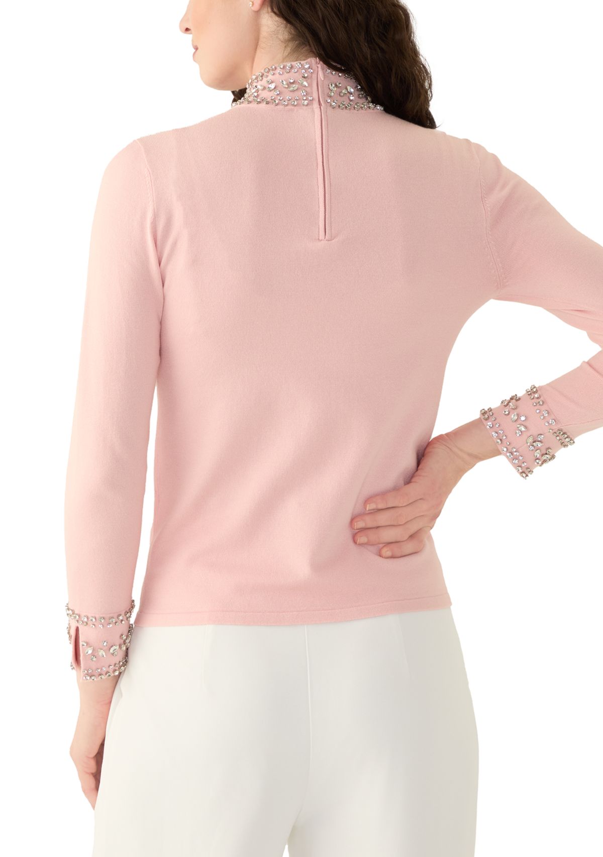 Womens Long Sleeve Mock Neck Embroidered Sweater 