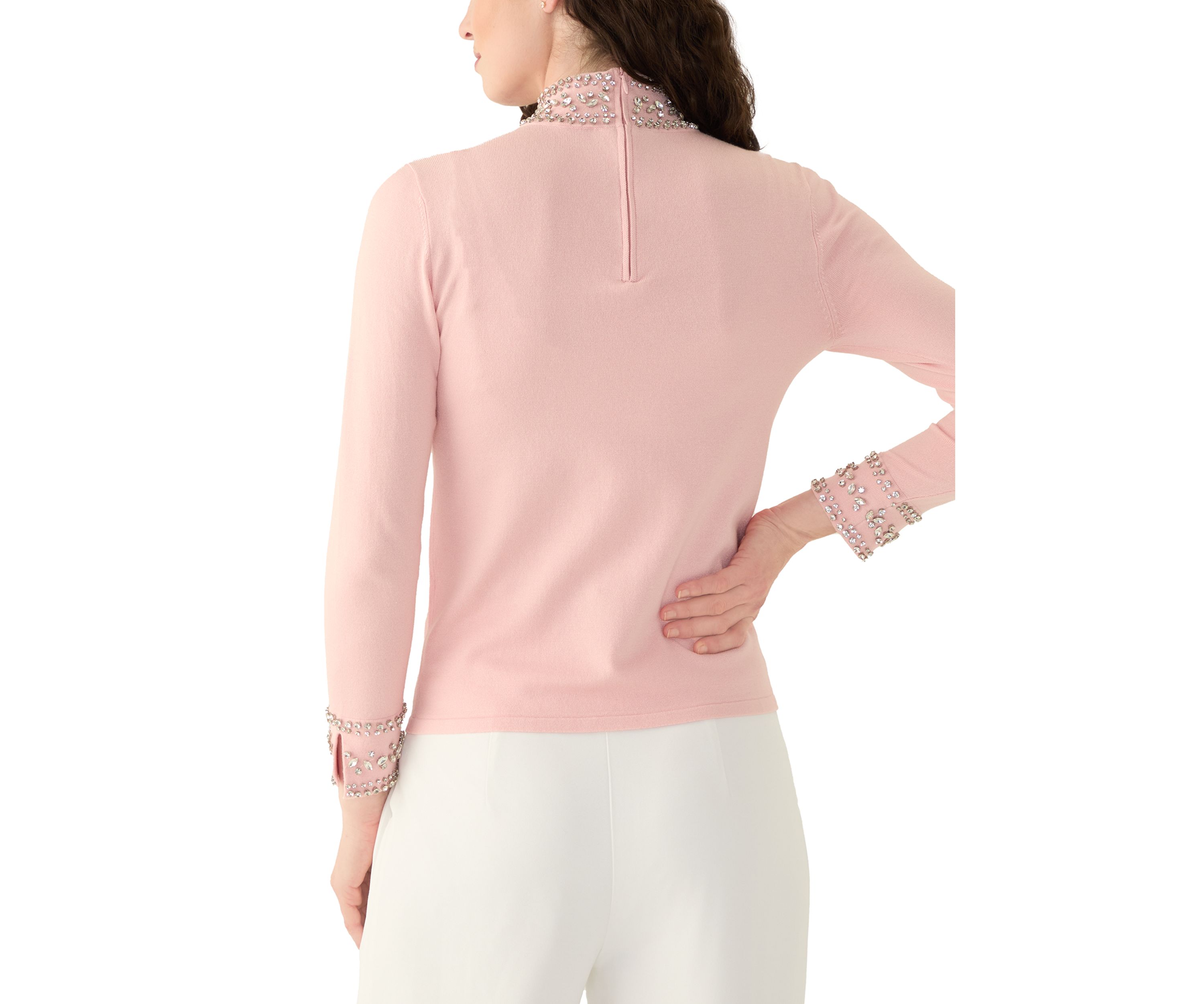 Womens Long Sleeve Mock Neck Embroidered Sweater 