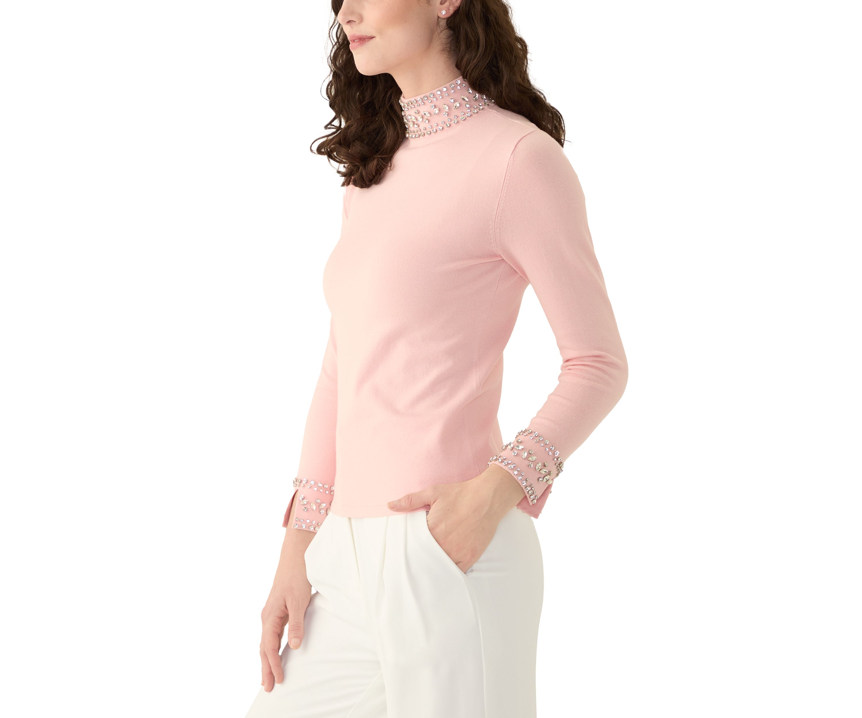 Womens Long Sleeve Mock Neck Embroidered Sweater 