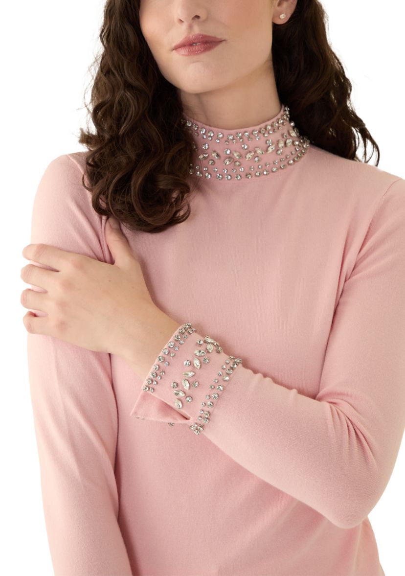 Womens Long Sleeve Mock Neck Embroidered Sweater 