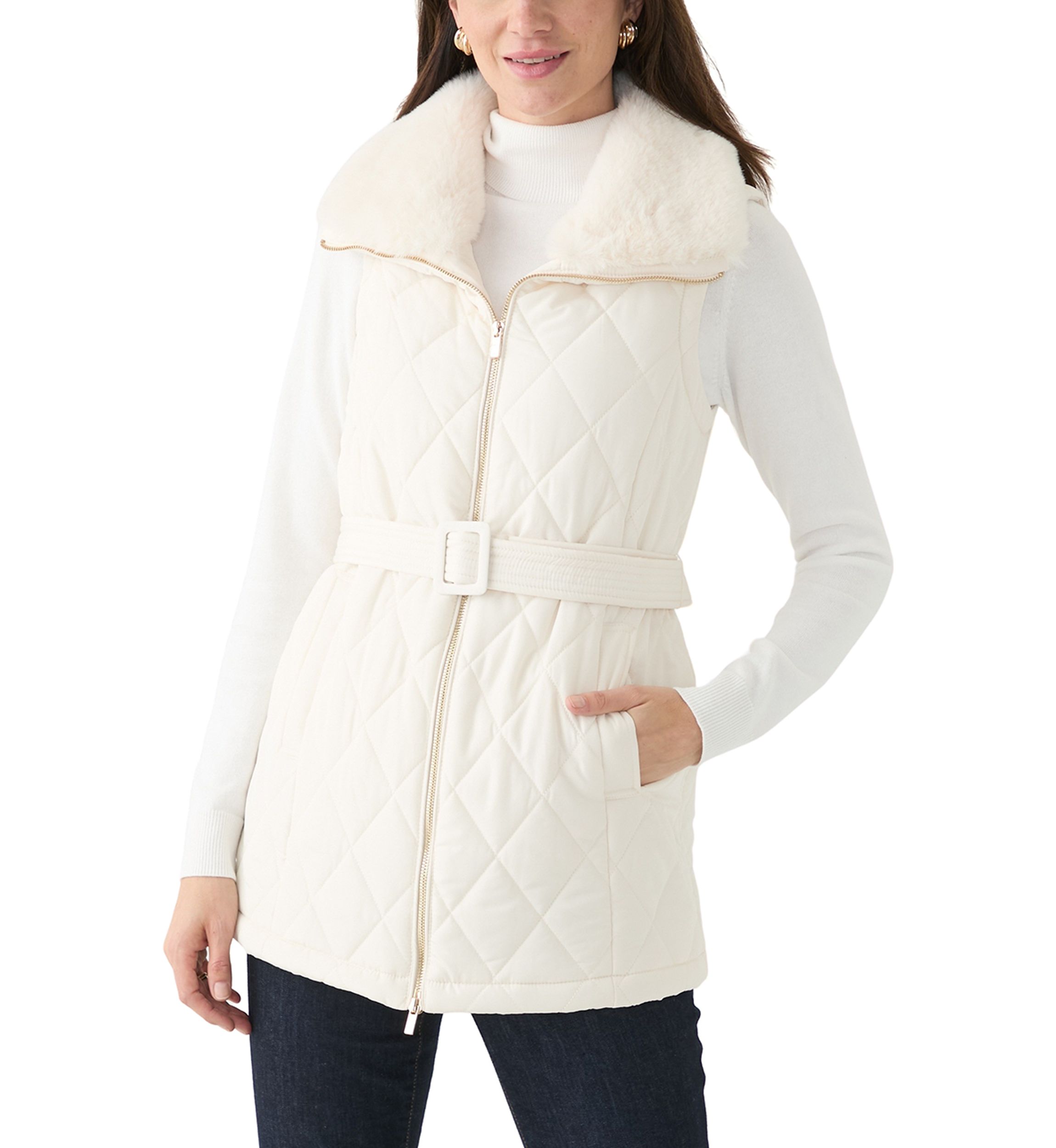 Womens Sleeveless Quilted Vest with Fur Trim
