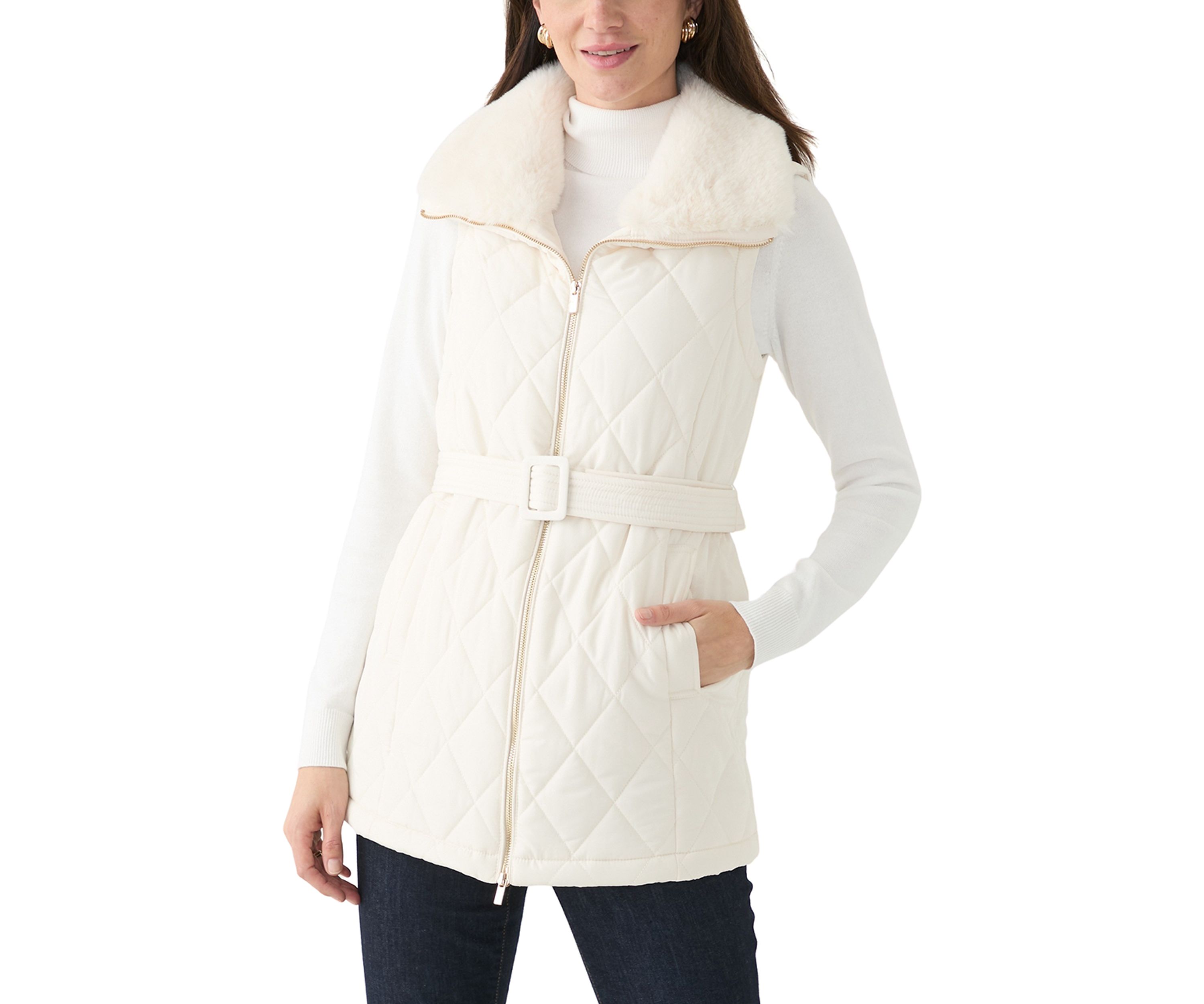 Womens Sleeveless Quilted Vest with Fur Trim