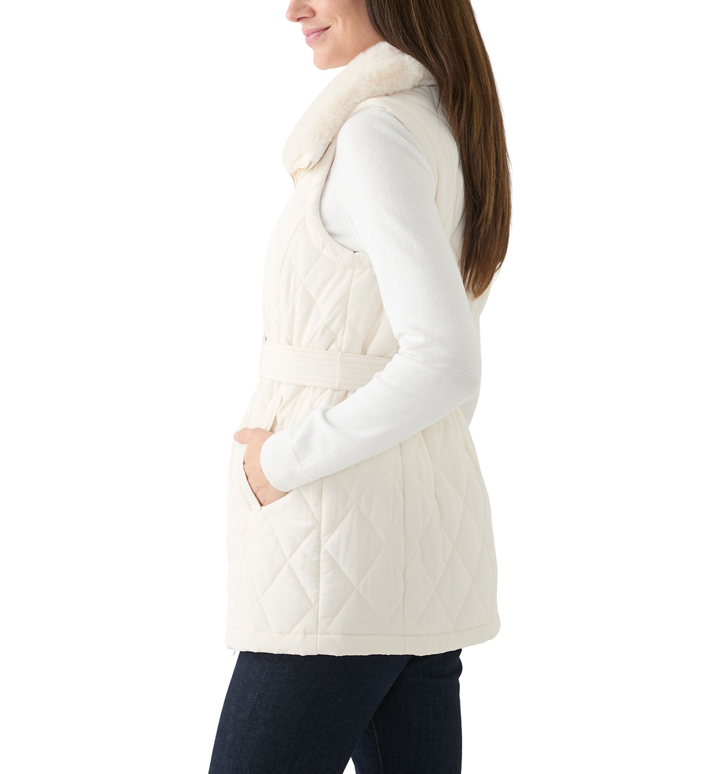 Womens Sleeveless Quilted Vest with Fur Trim