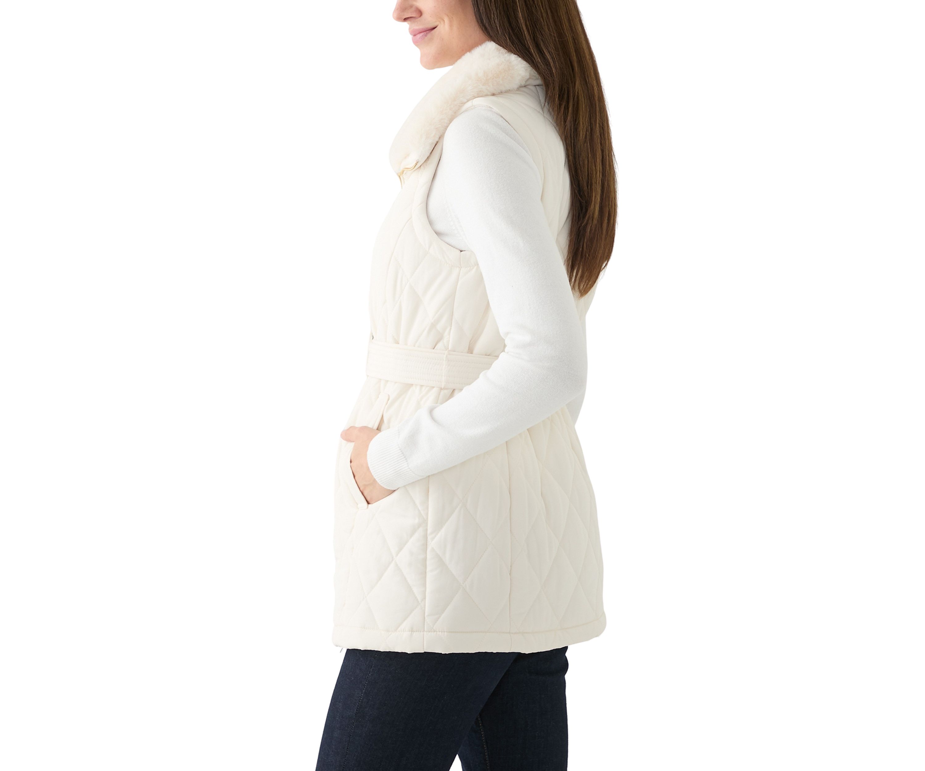 Womens Sleeveless Quilted Vest with Fur Trim