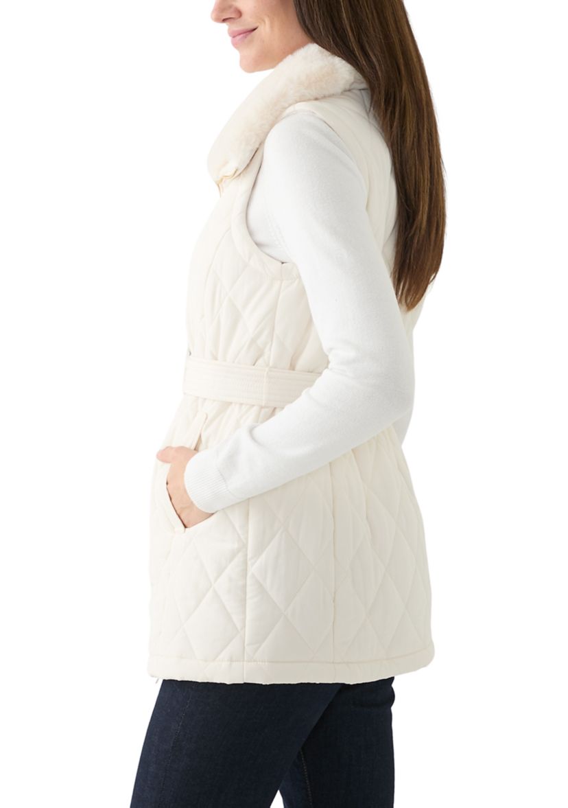 Womens Sleeveless Quilted Vest with Fur Trim