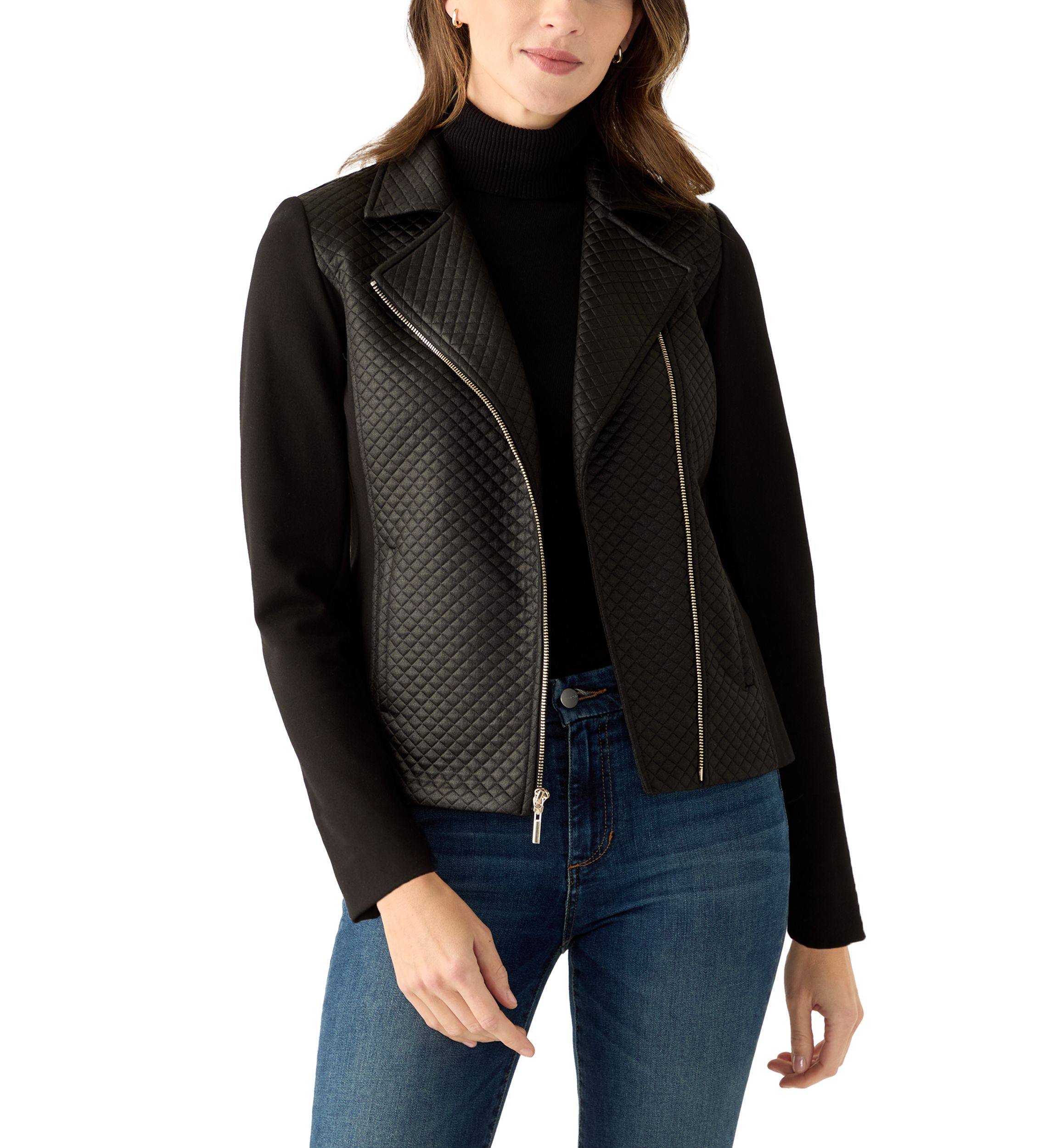 Womens Quilted Mixed Media Moto Jacket 
