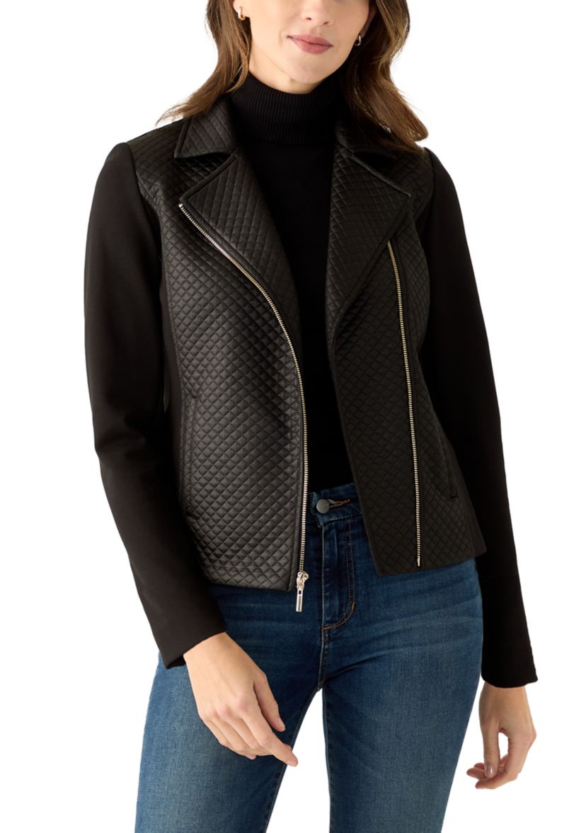 Womens Quilted Mixed Media Moto Jacket 