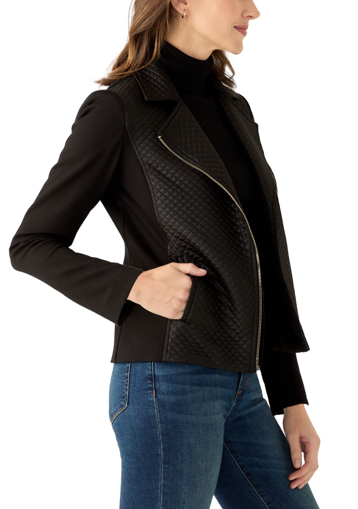 Womens Quilted Mixed Media Moto Jacket 