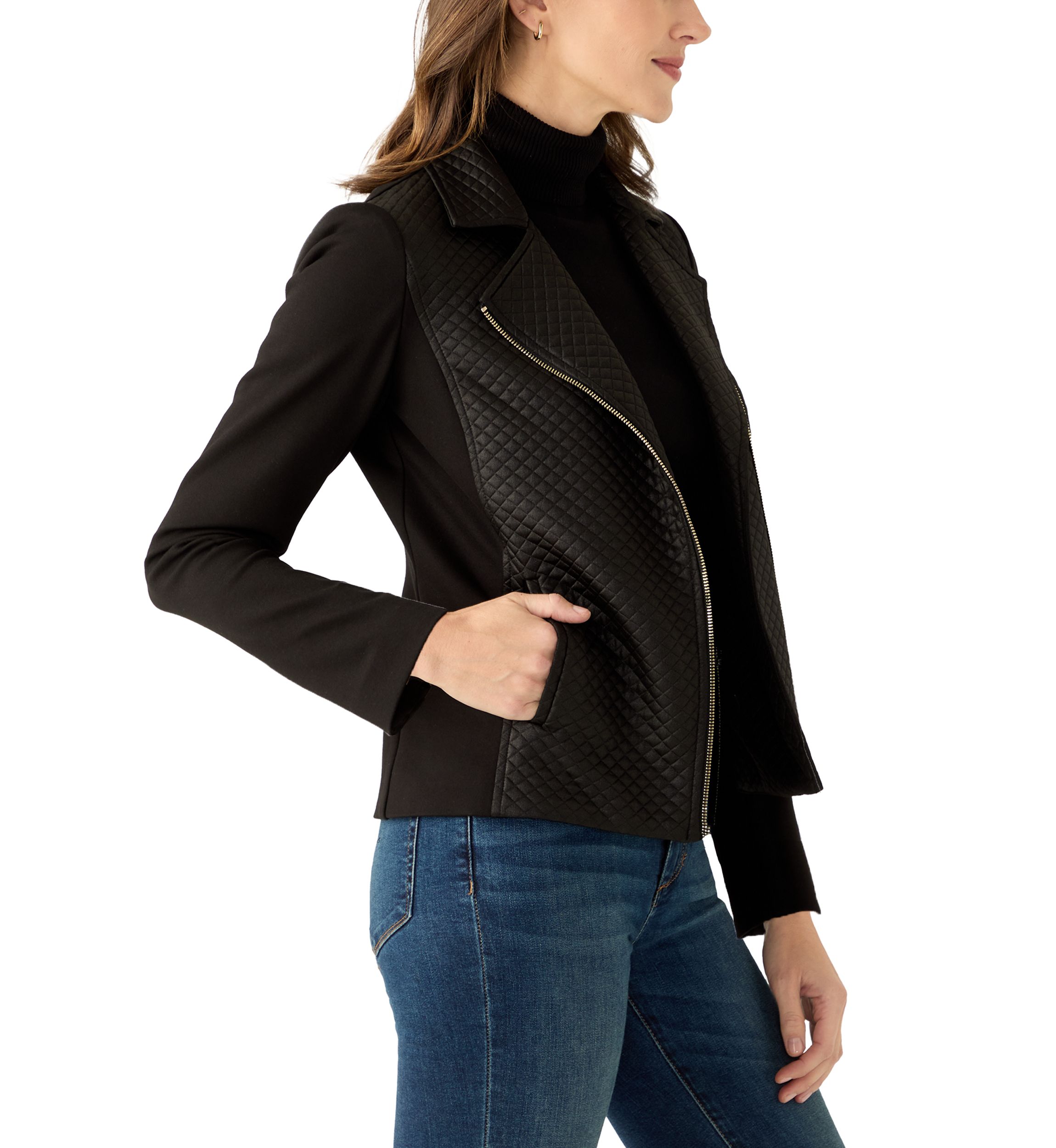Womens Quilted Mixed Media Moto Jacket 