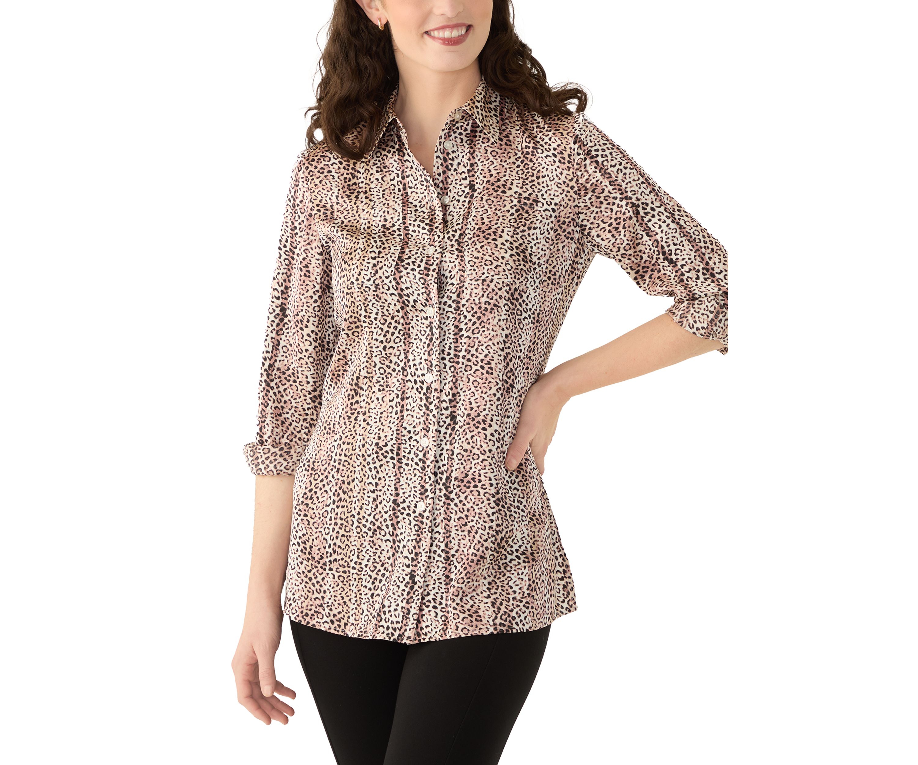 Womens Long Sleeve Button Front Animal Print Blouse