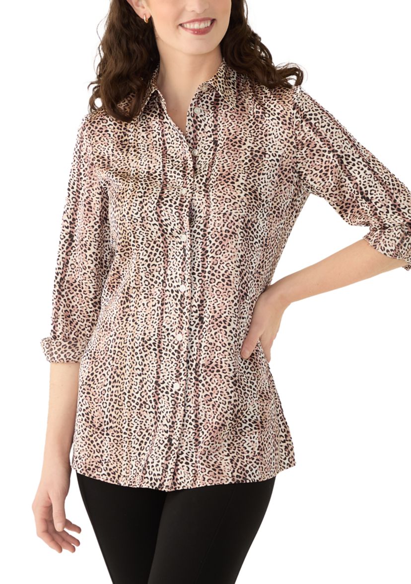 Womens Long Sleeve Button Front Animal Print Blouse