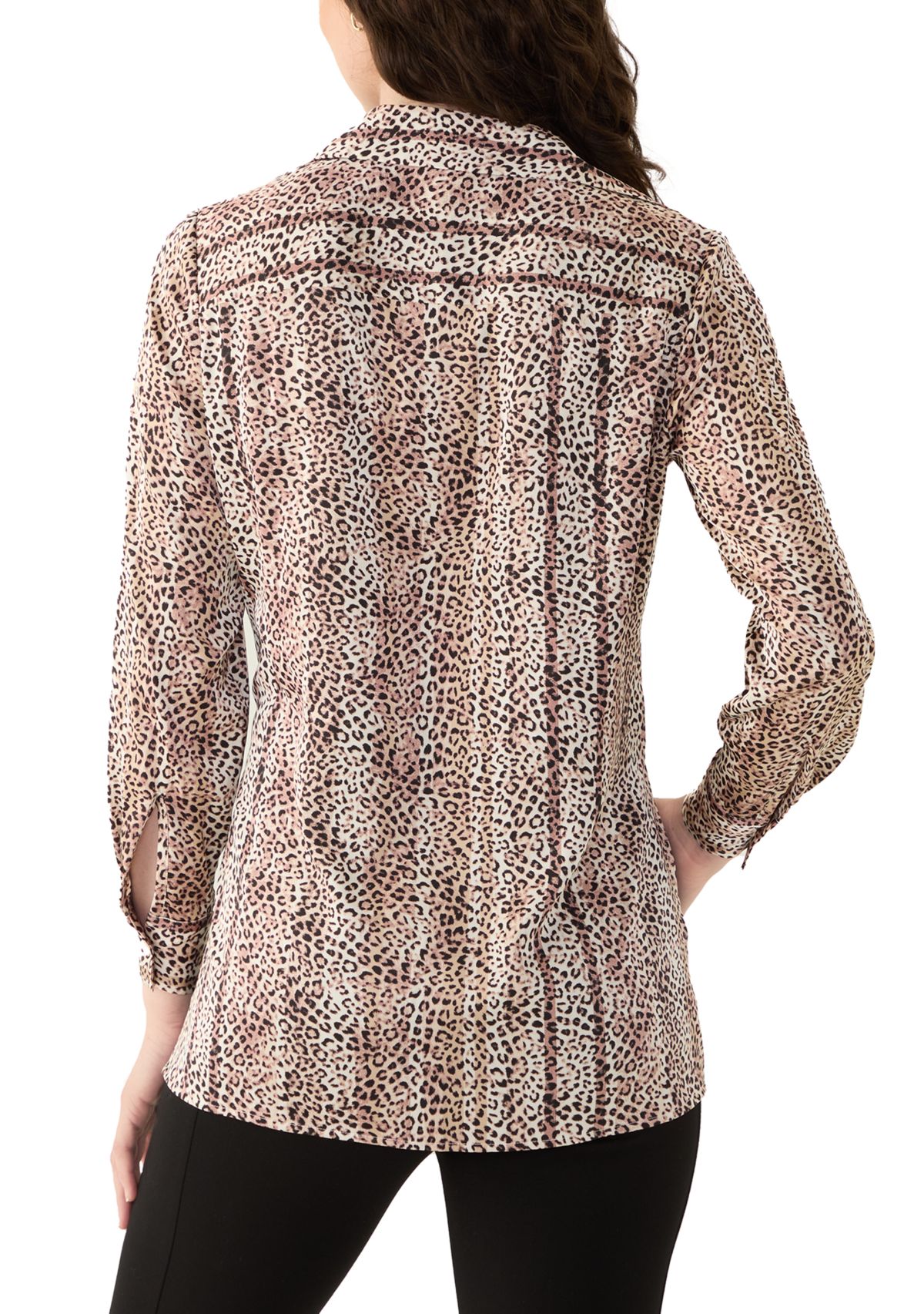 Womens Long Sleeve Button Front Animal Print Blouse