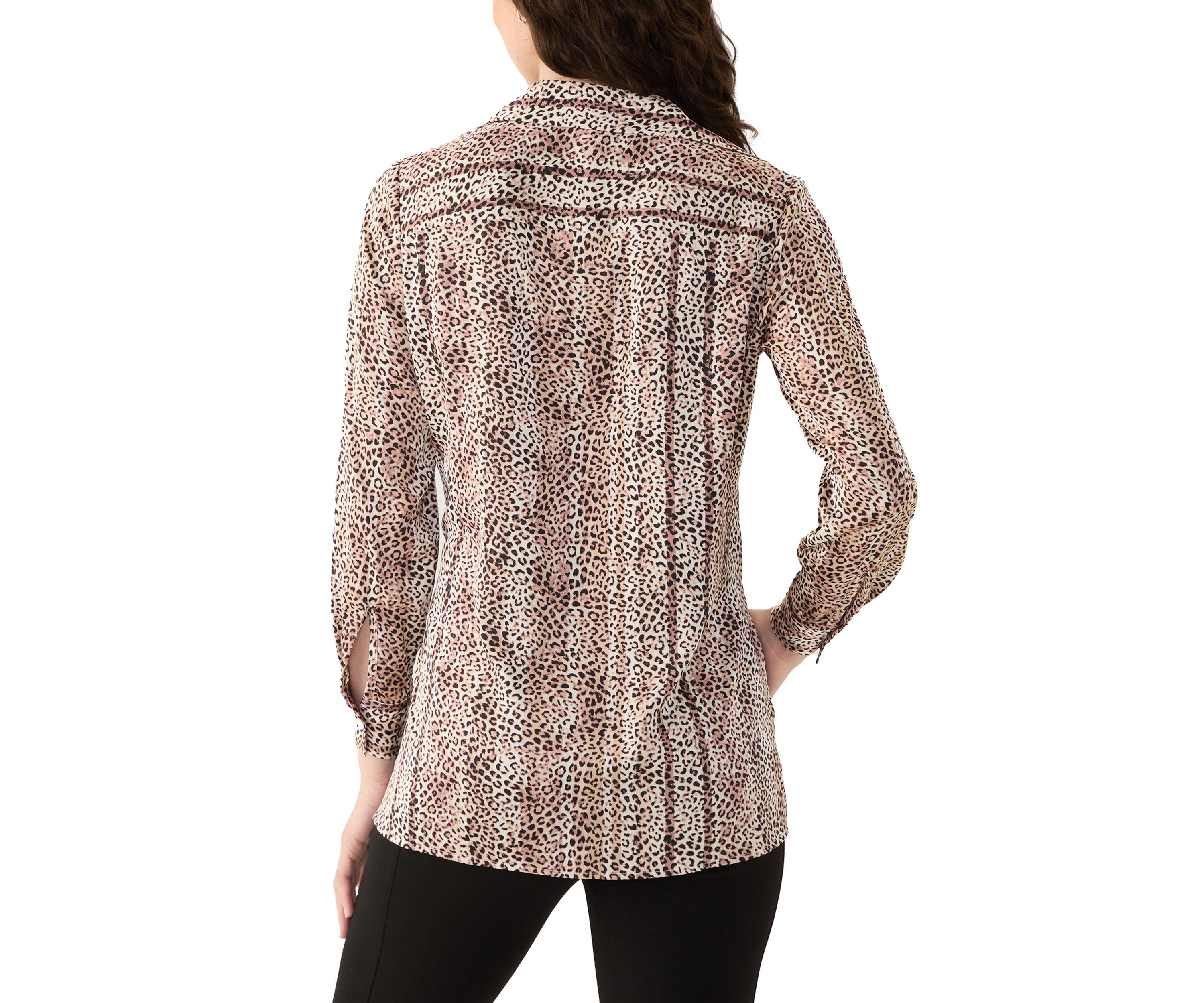 Womens Long Sleeve Button Front Animal Print Blouse