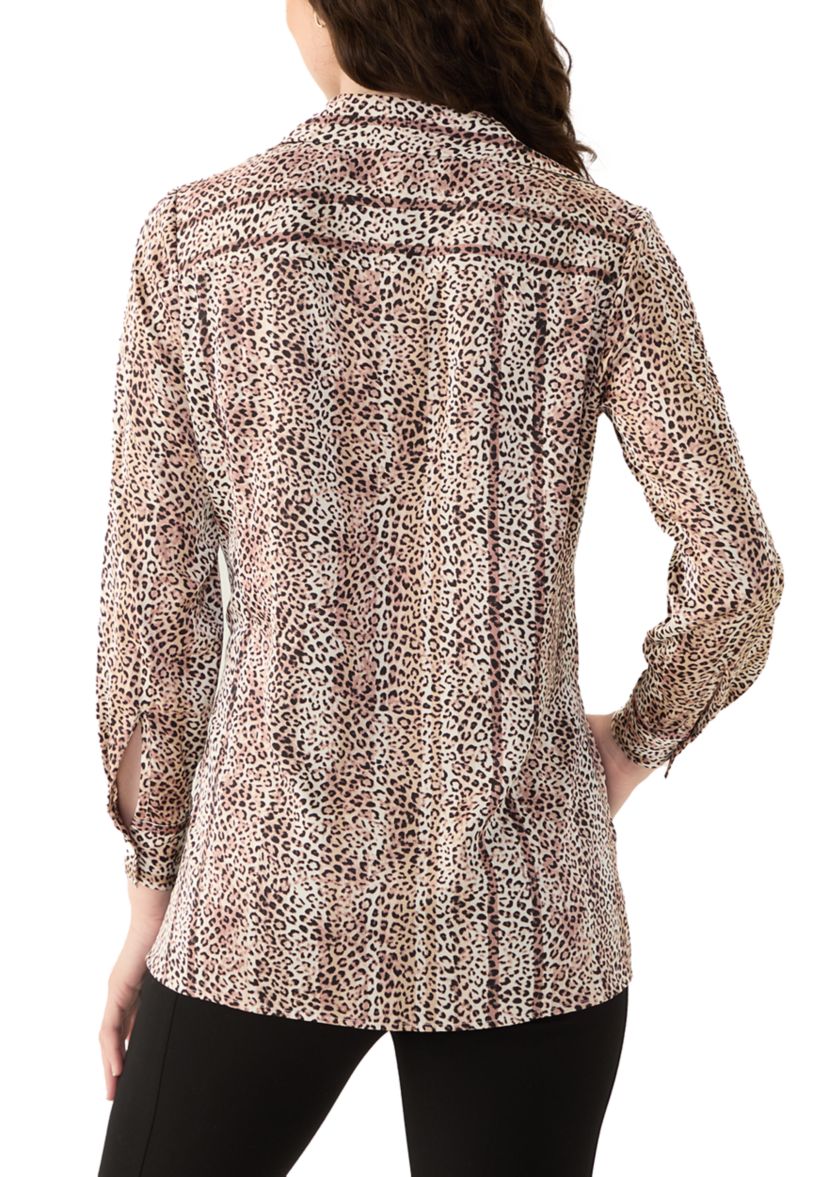 Womens Long Sleeve Button Front Animal Print Blouse