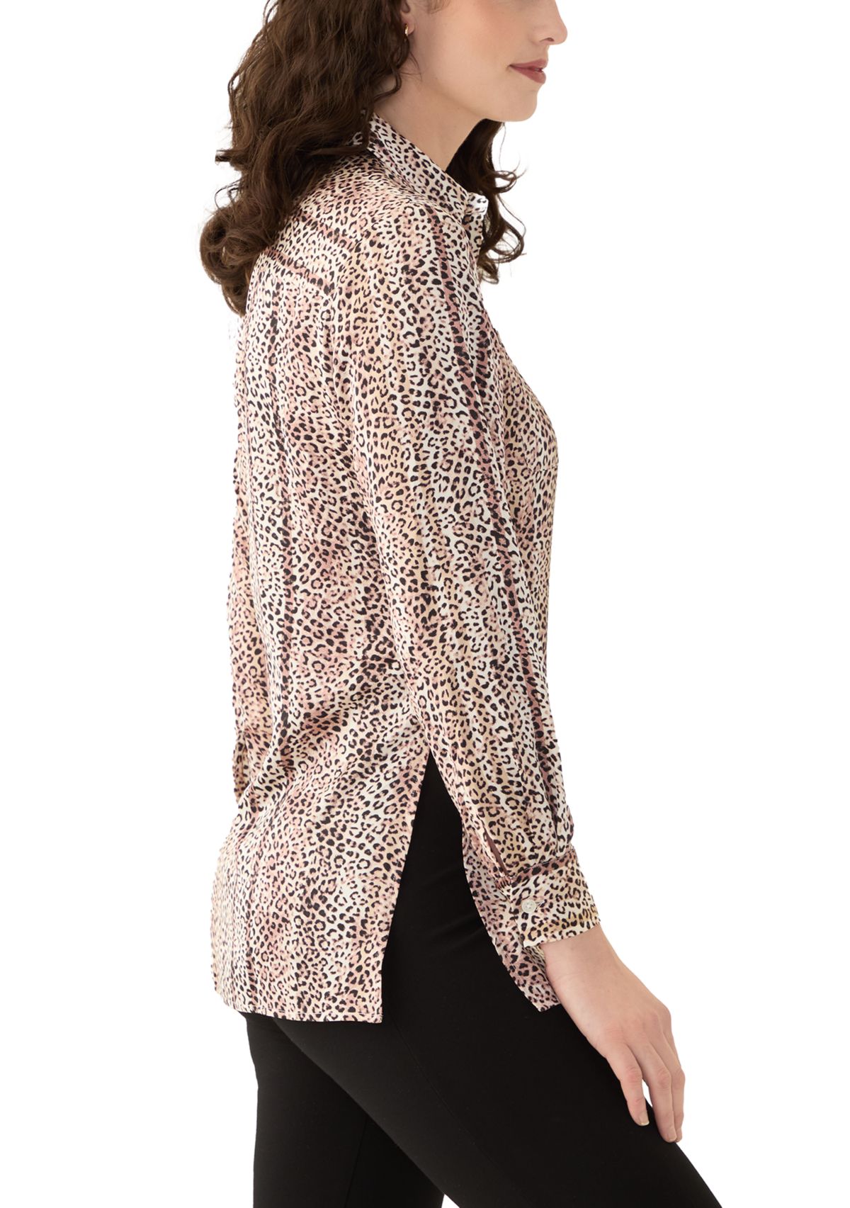 Womens Long Sleeve Button Front Animal Print Blouse