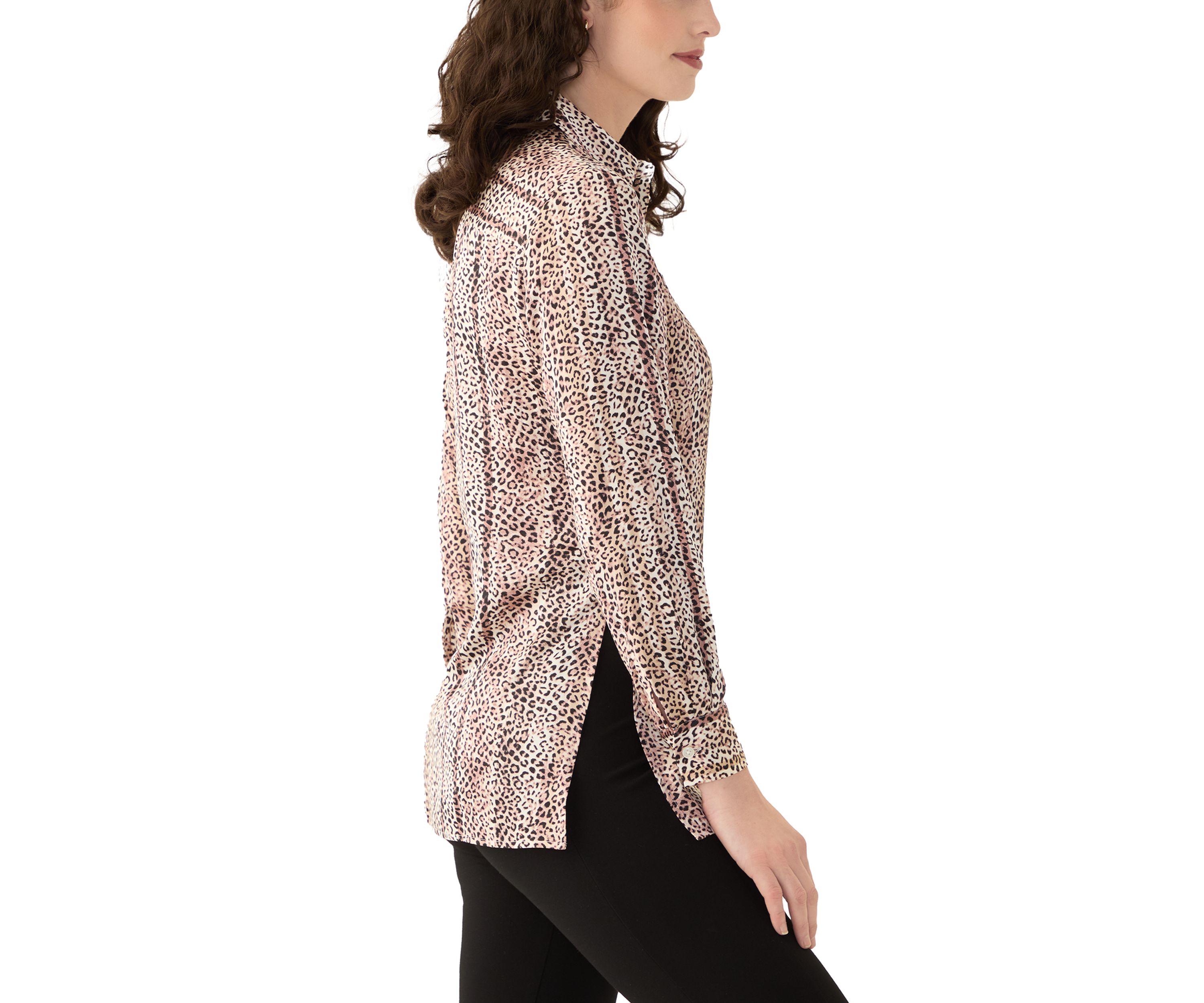 Womens Long Sleeve Button Front Animal Print Blouse