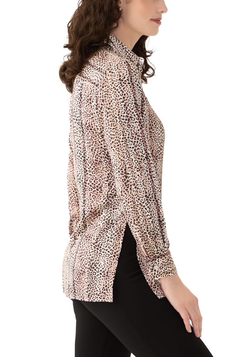 Womens Long Sleeve Button Front Animal Print Blouse