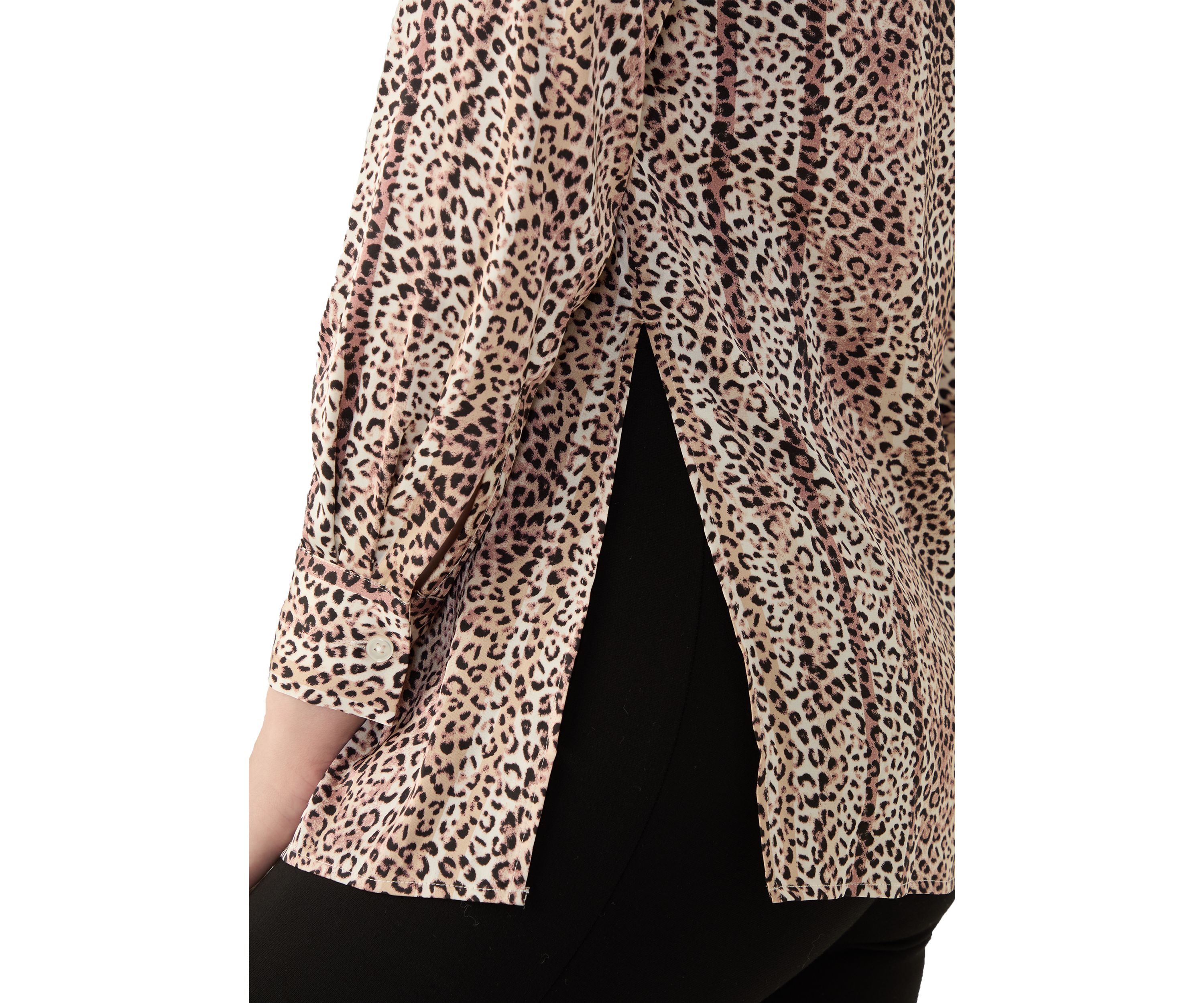 Womens Long Sleeve Button Front Animal Print Blouse