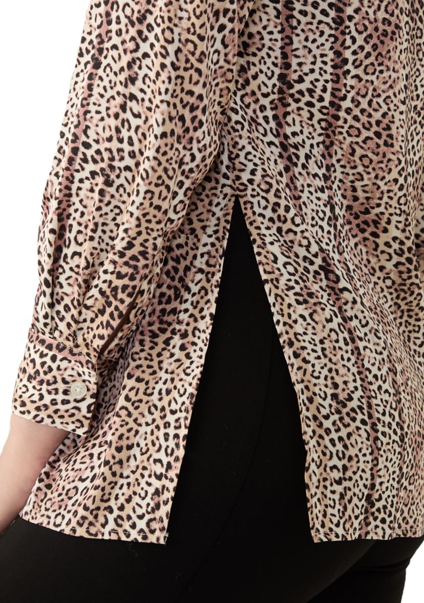 Womens Long Sleeve Button Front Animal Print Blouse
