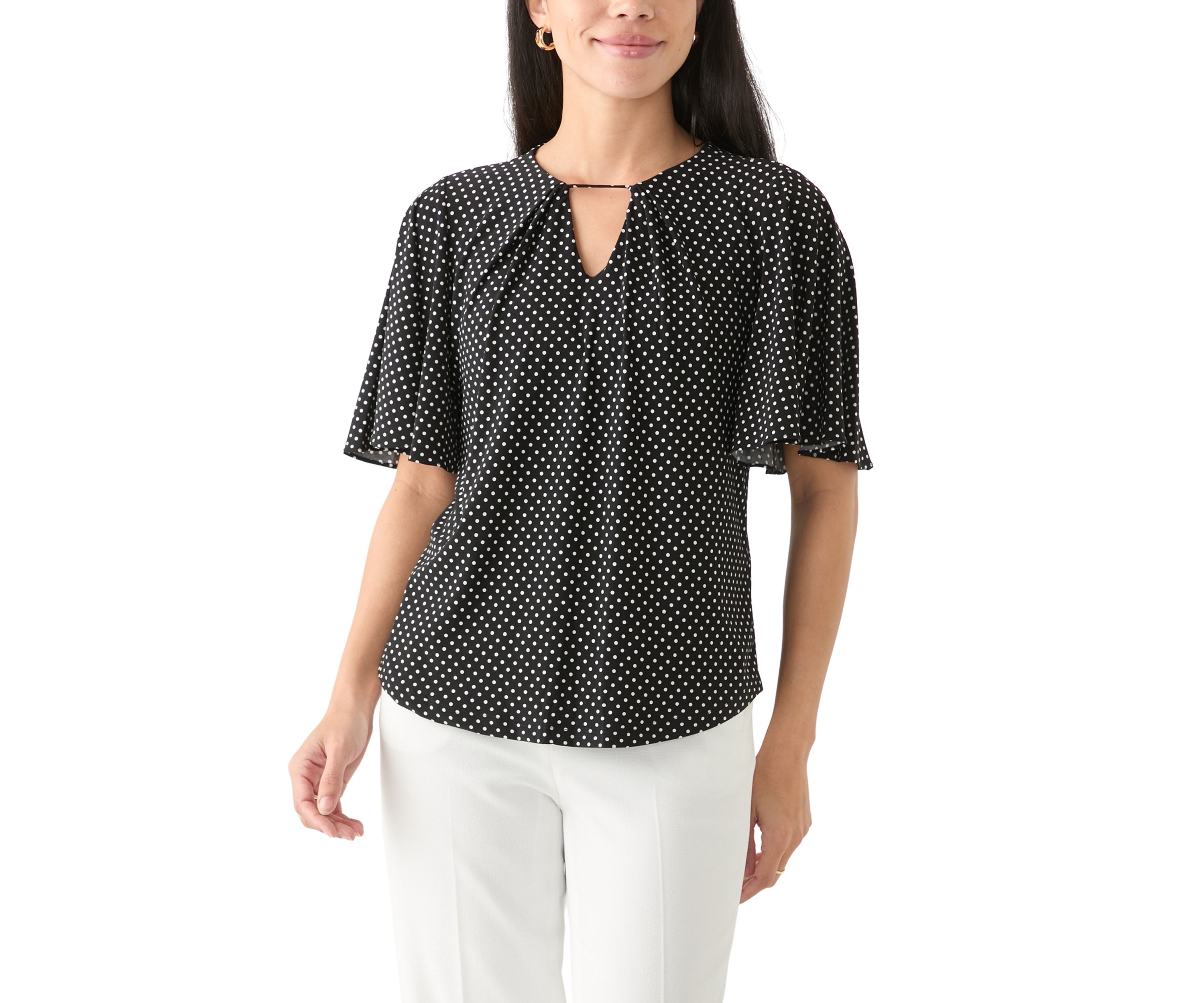 Petite Short Sleeve Pleat Neck Blouse
