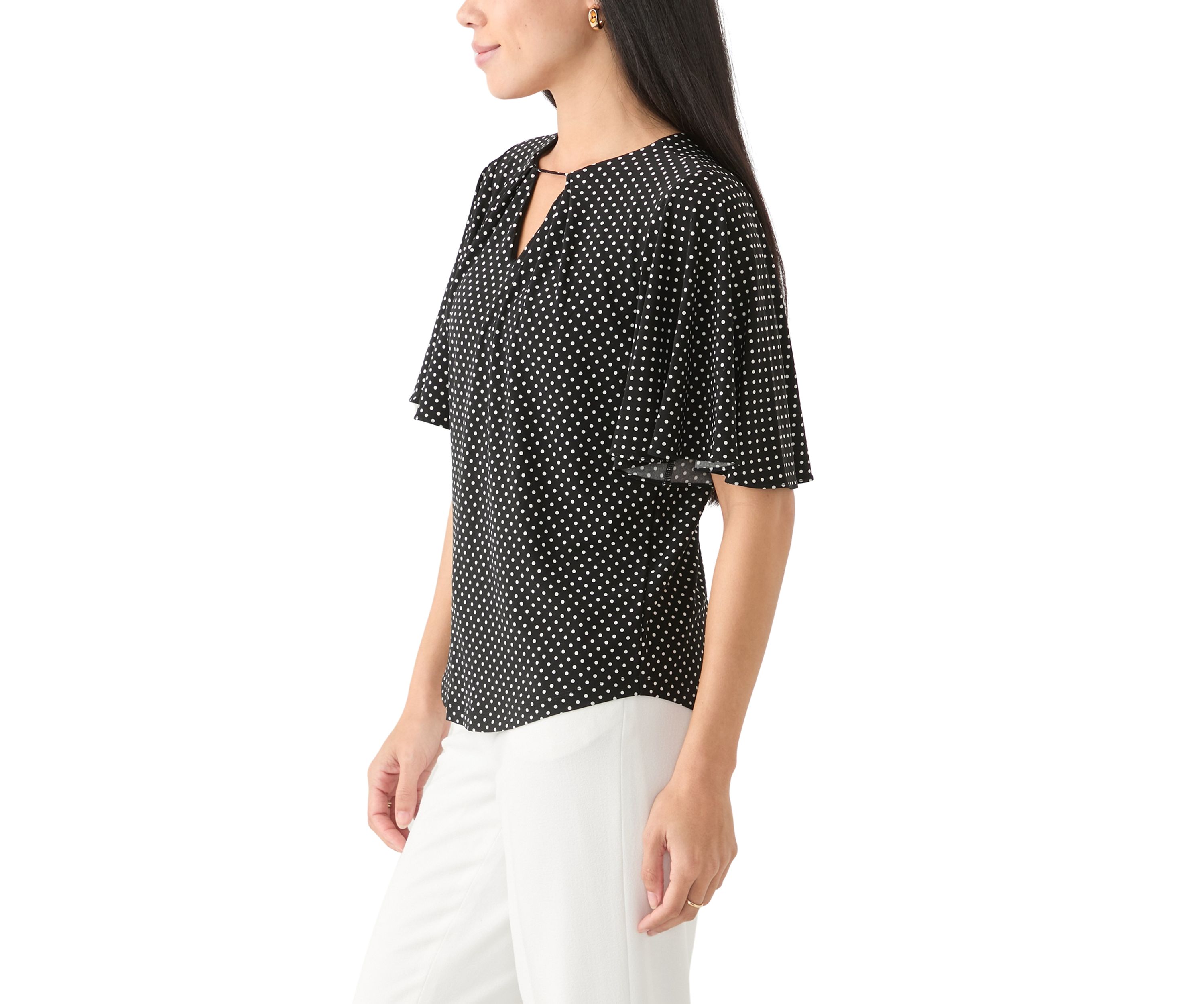 Petite Short Sleeve Pleat Neck Blouse