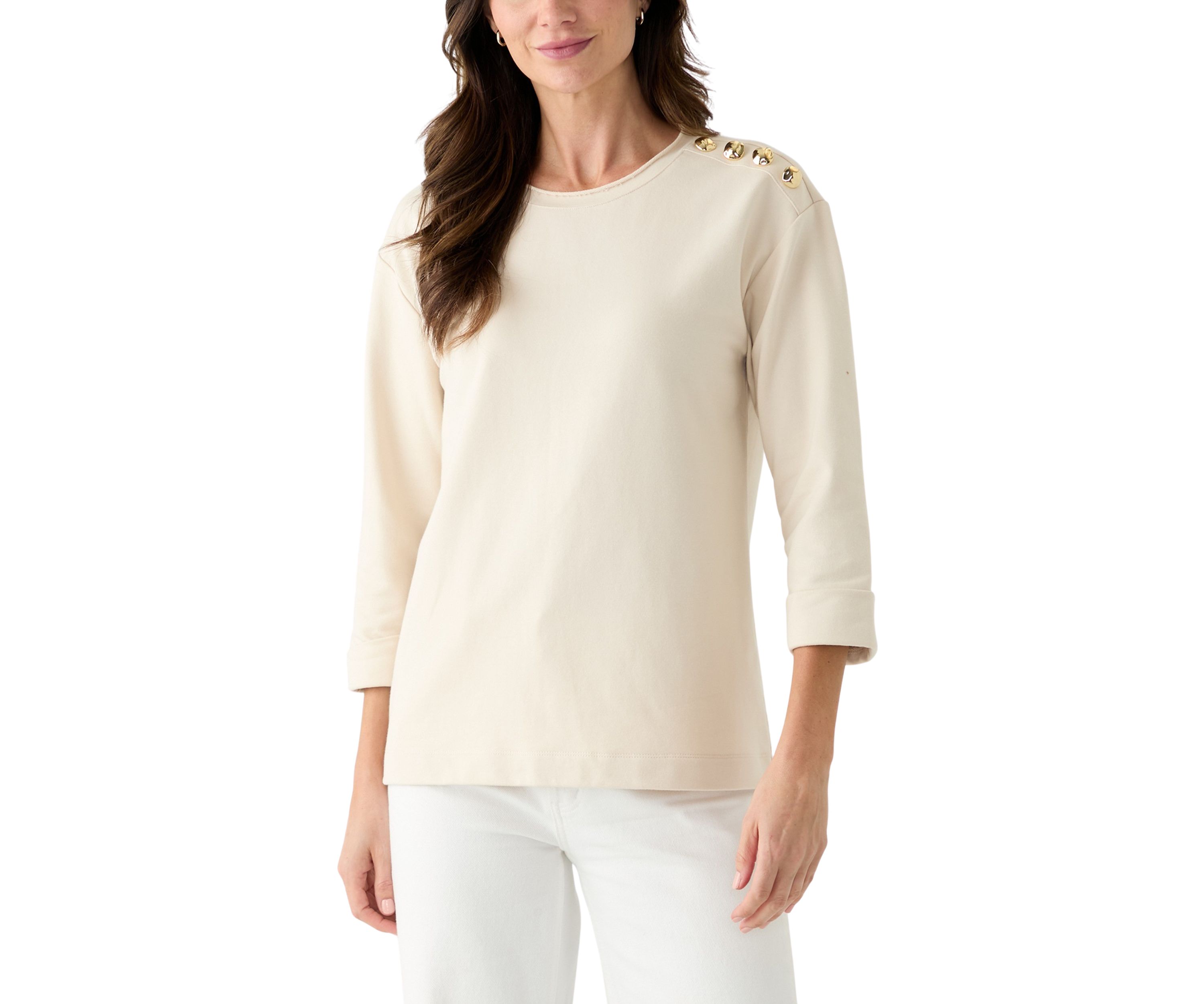 Womens 3/4 Sleeve Button Shoulder Top