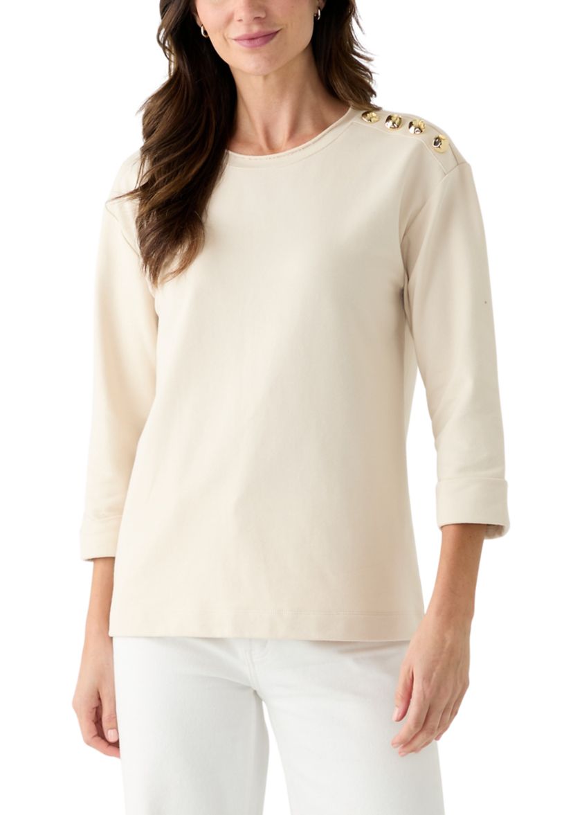 Womens 3/4 Sleeve Button Shoulder Top