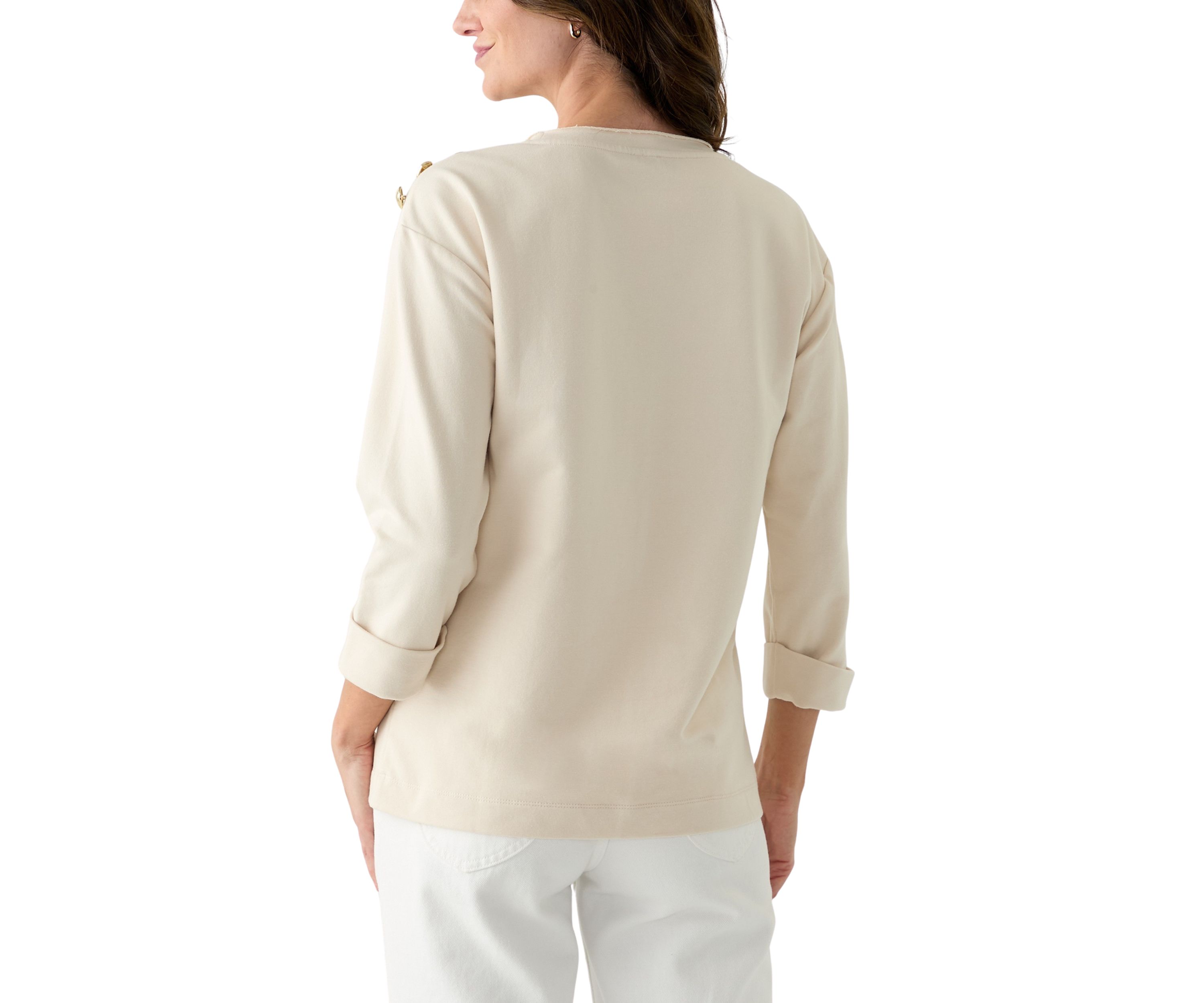 Womens 3/4 Sleeve Button Shoulder Top