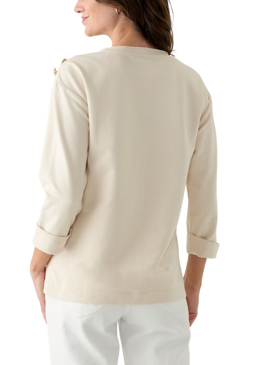 Womens 3/4 Sleeve Button Shoulder Top