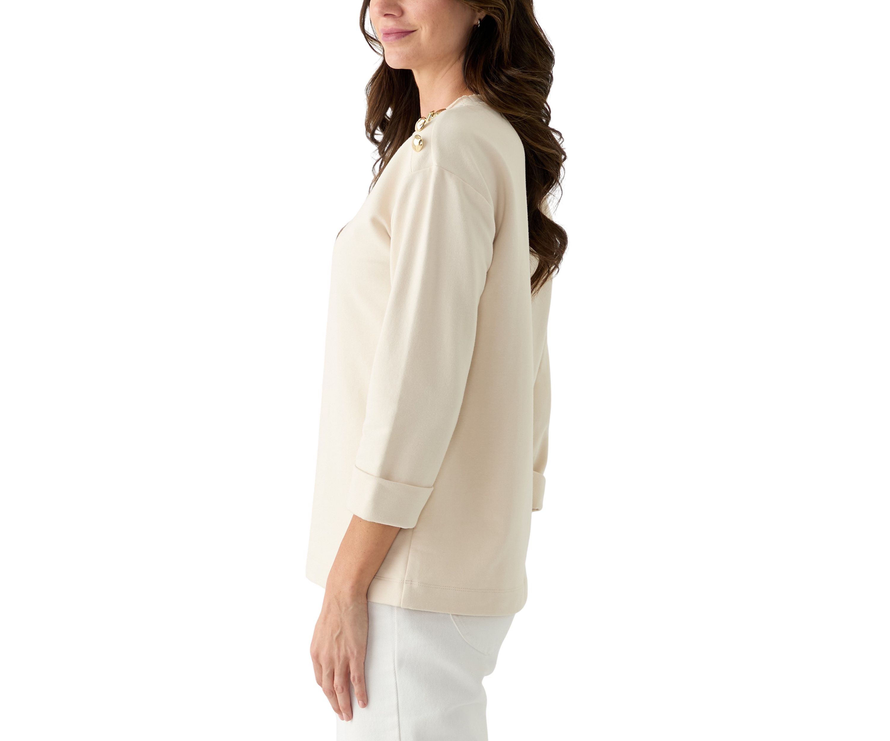 Womens 3/4 Sleeve Button Shoulder Top