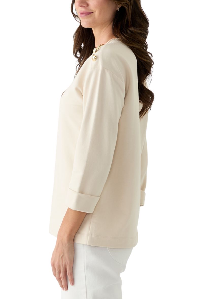 Womens 3/4 Sleeve Button Shoulder Top