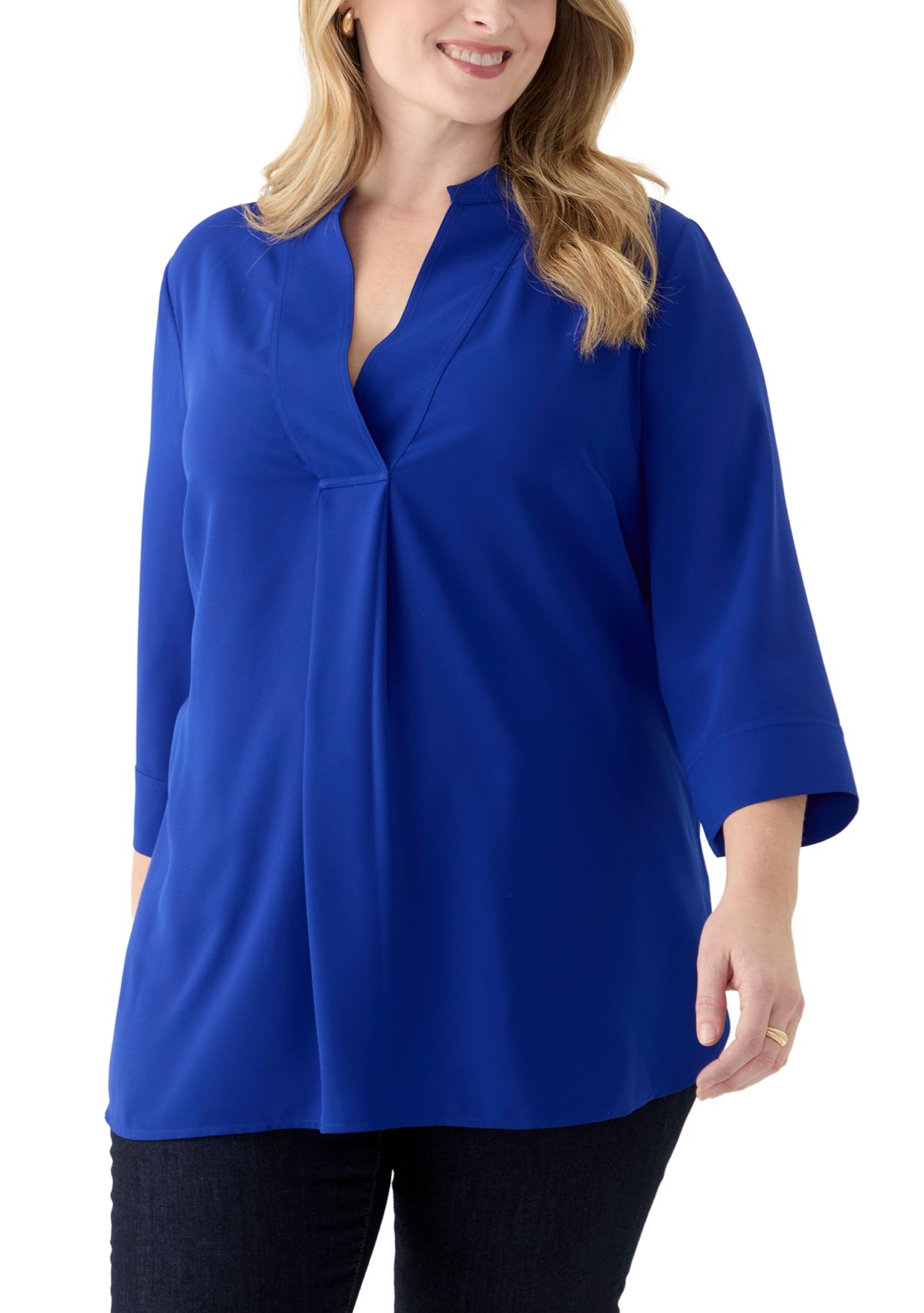 Plus Size 3/4 Sleeve V-Neck Pleat Front Tunic Top