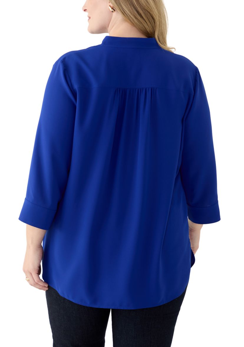 Plus Size 3/4 Sleeve V-Neck Pleat Front Tunic Top