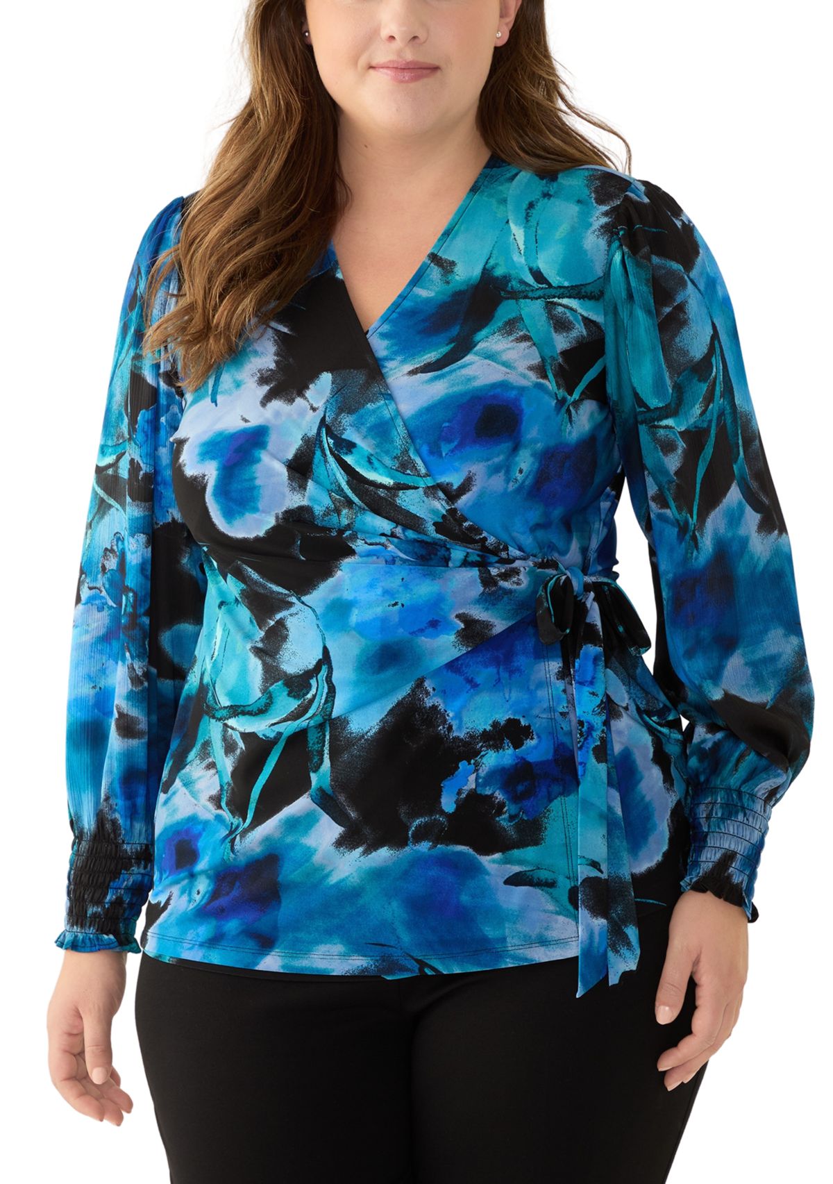 Plus Size Long Sleeve Printed Wrap Top