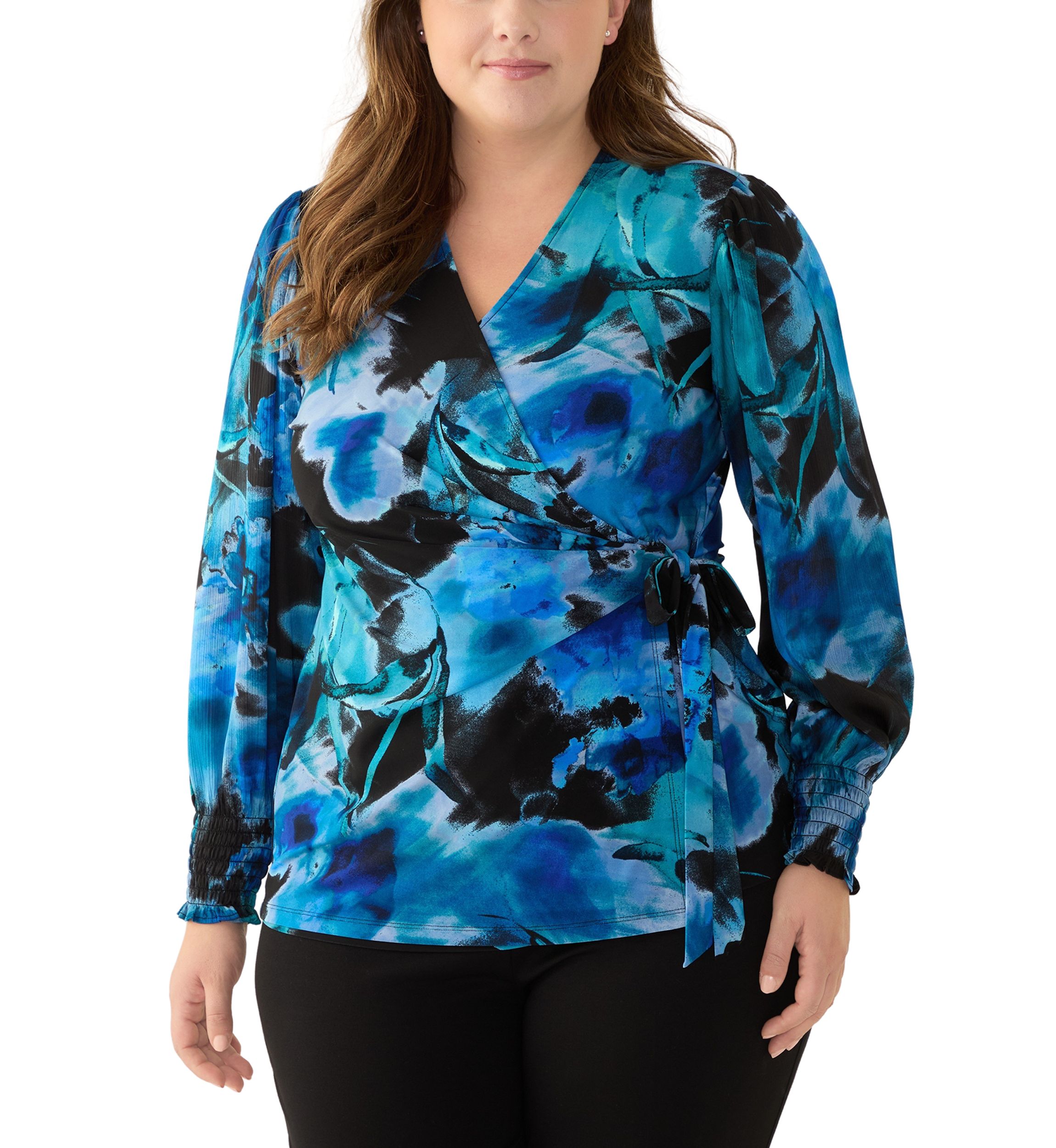 Plus Size Long Sleeve Printed Wrap Top