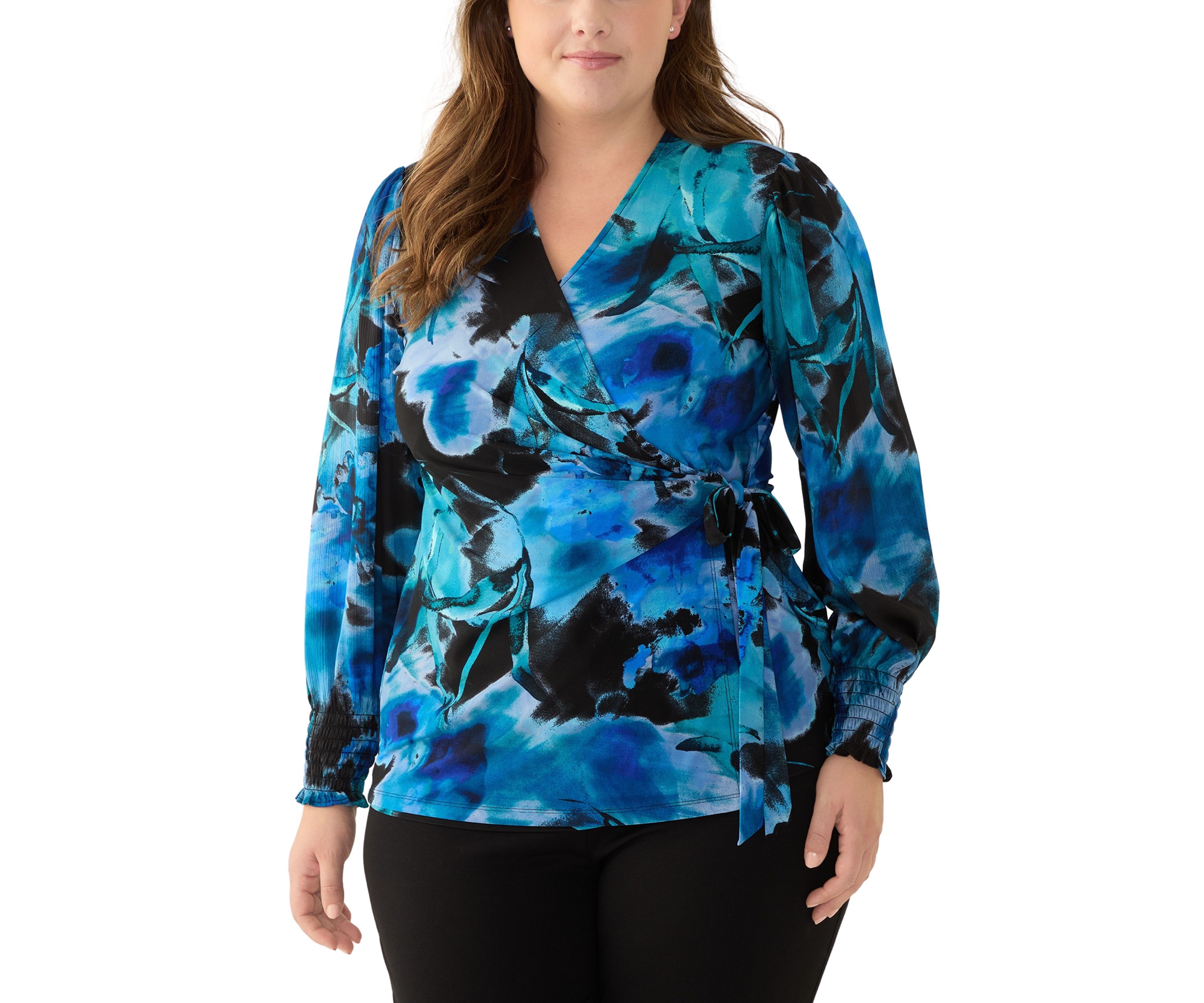 Plus Size Long Sleeve Printed Wrap Top