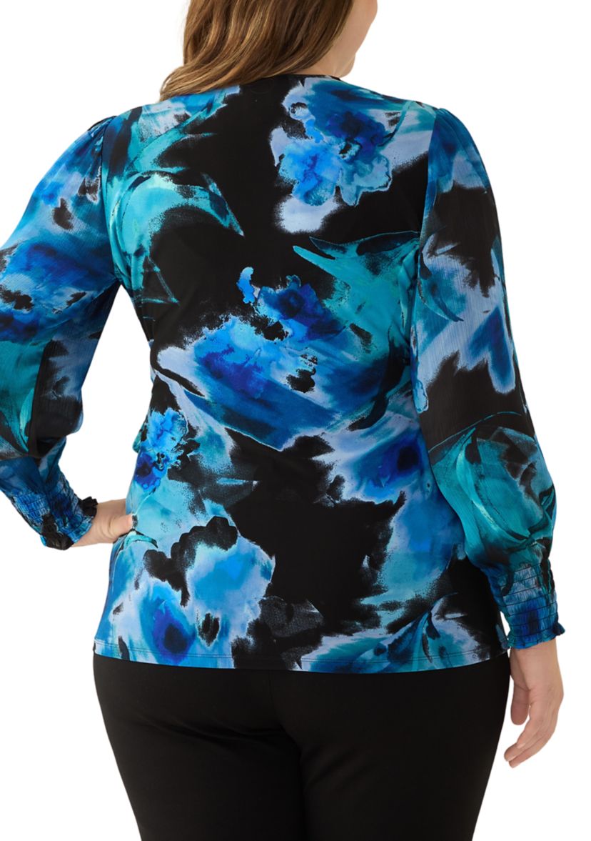 Plus Size Long Sleeve Printed Wrap Top