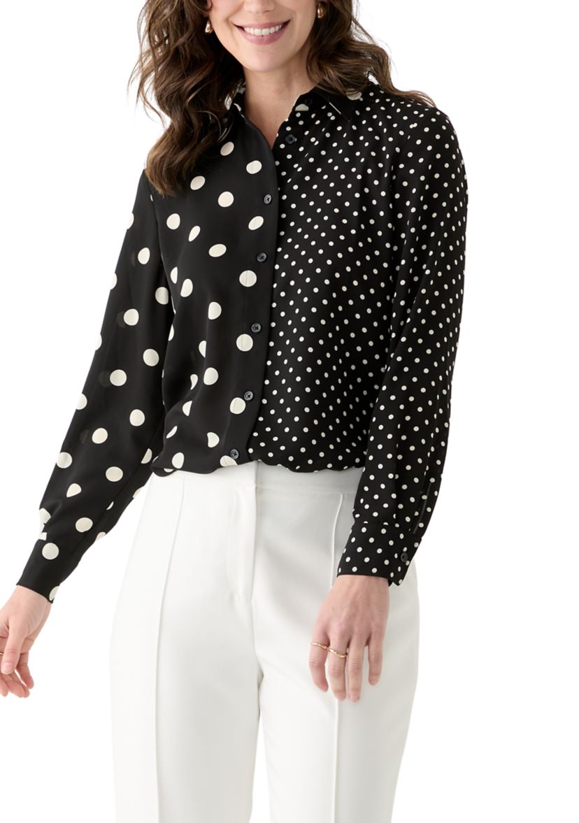 Womens Long Sleeve Split Print Button Down Shirt 