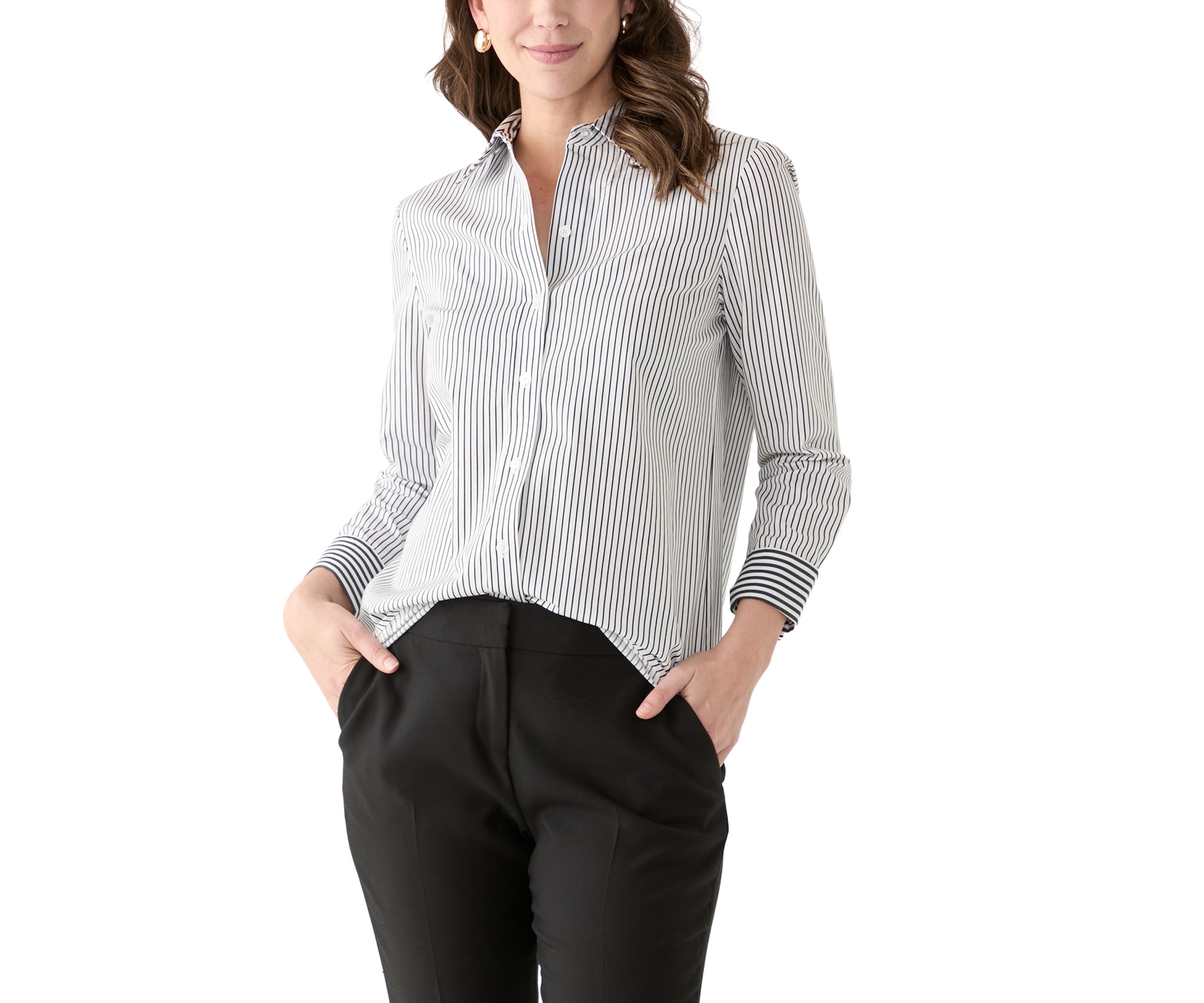 Womens Long Sleeve Stripe Button Down Shirt