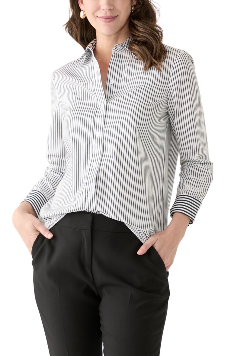 Womens Long Sleeve Stripe Button Down Shirt