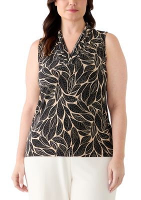 Anne Klein Women's Plus Size Triple Pleat Leaf Print Sleeveless Blouse