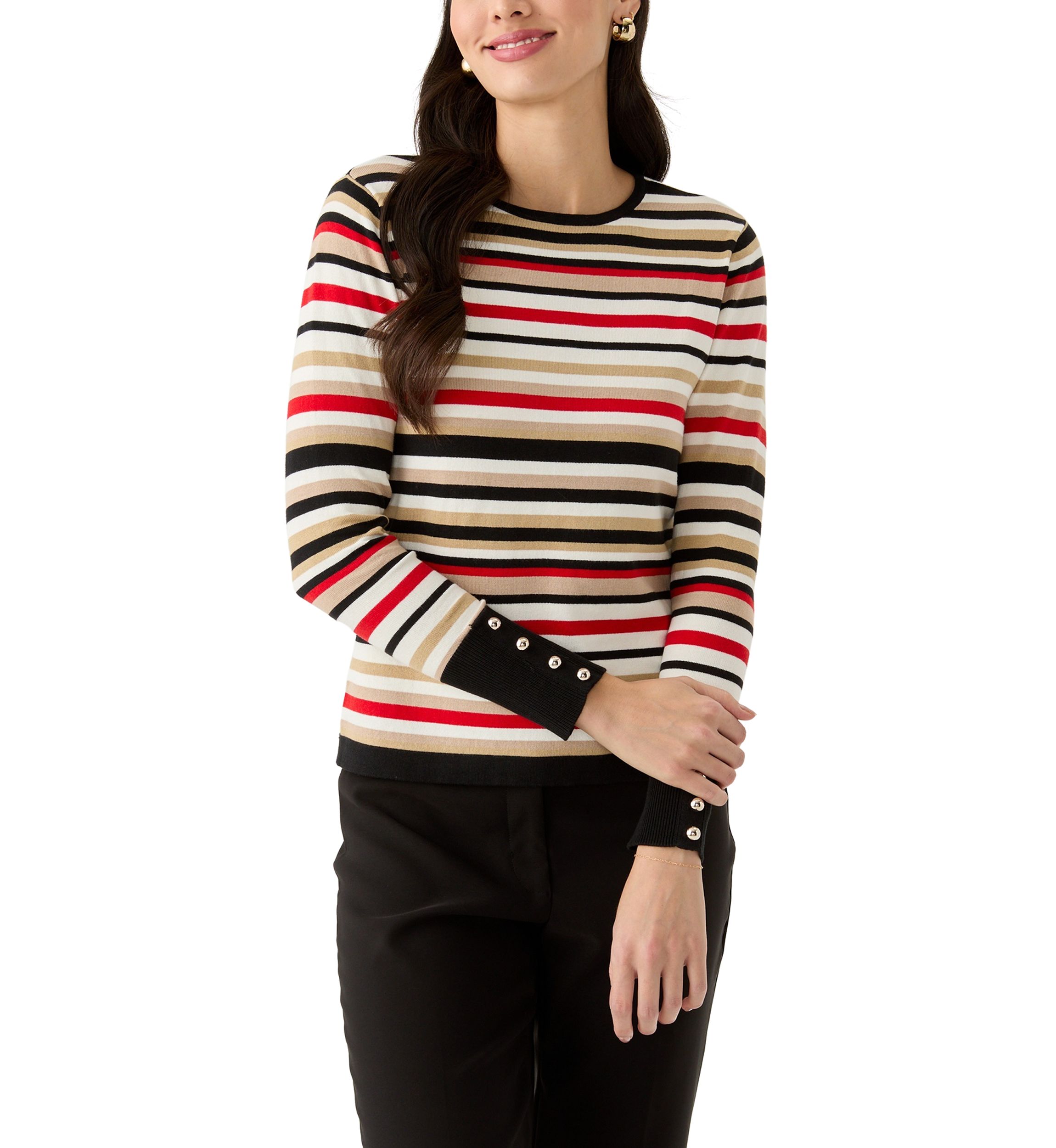 Womens Striped Button Sleeve Sweater