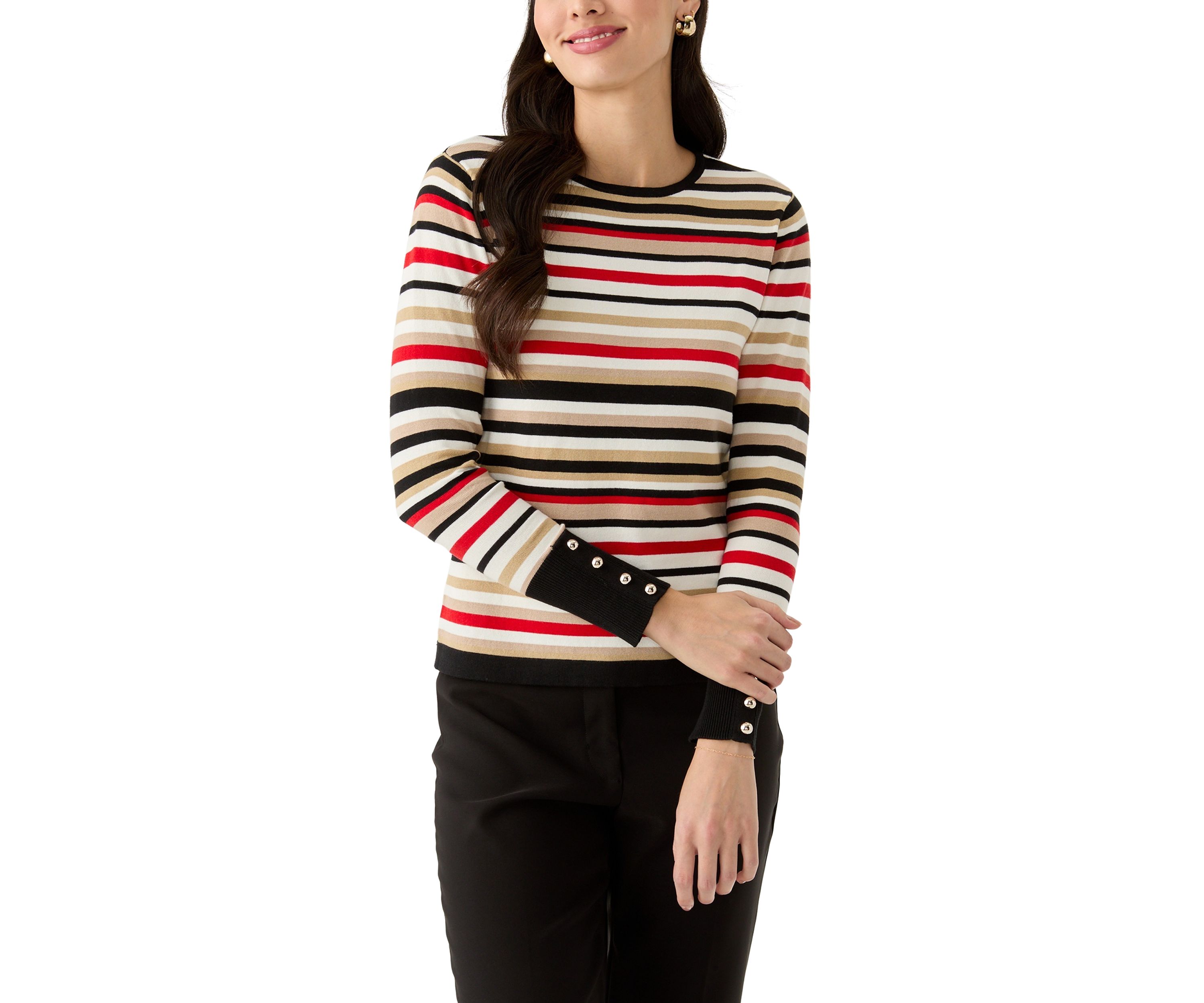 Womens Striped Button Sleeve Sweater