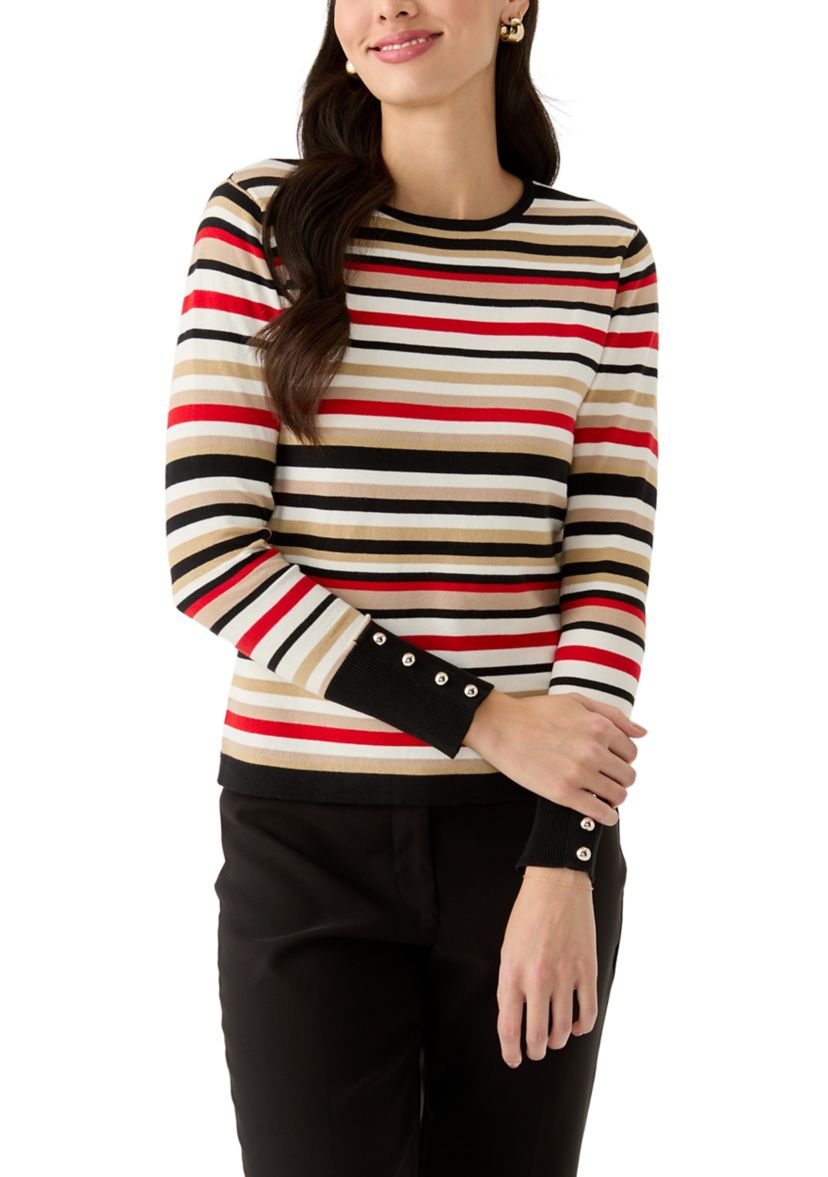Womens Striped Button Sleeve Sweater